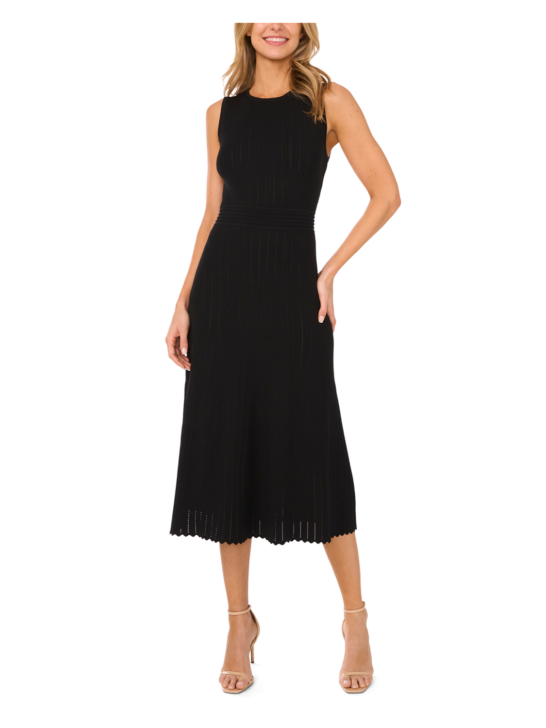 Black | Sleeveless Pointelle & Rib Midi Dress
