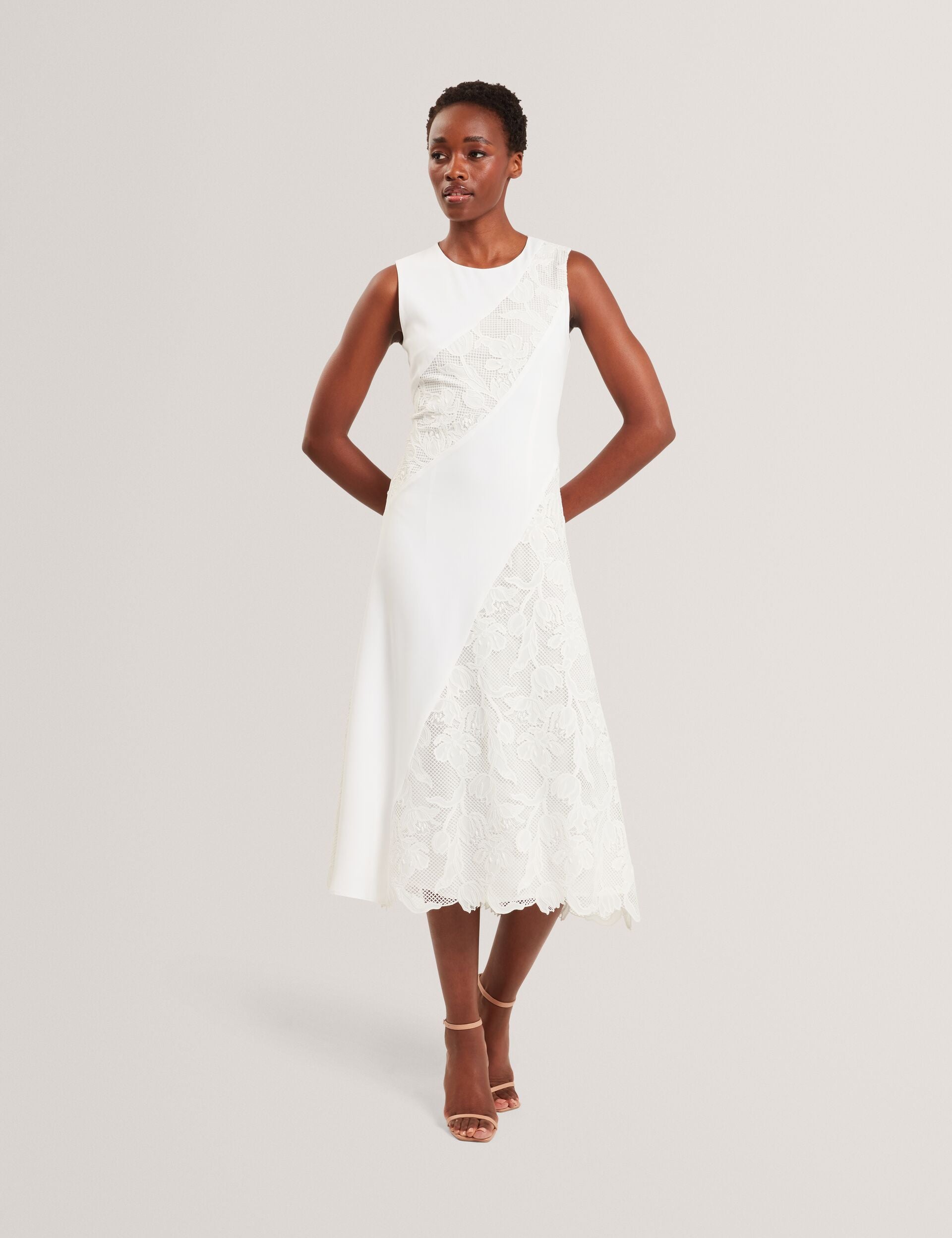 White | Sleeveless Lace Applique Midi Dress