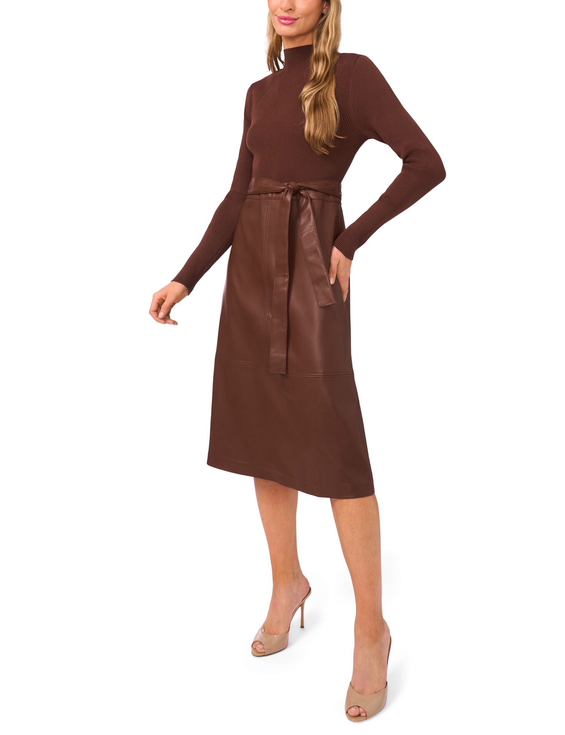 ONEIDA Mock Neck Midi Dress with Faux Leather Skirt ONEIDA Mock Neck Midi Dress with Faux Leather Skirt