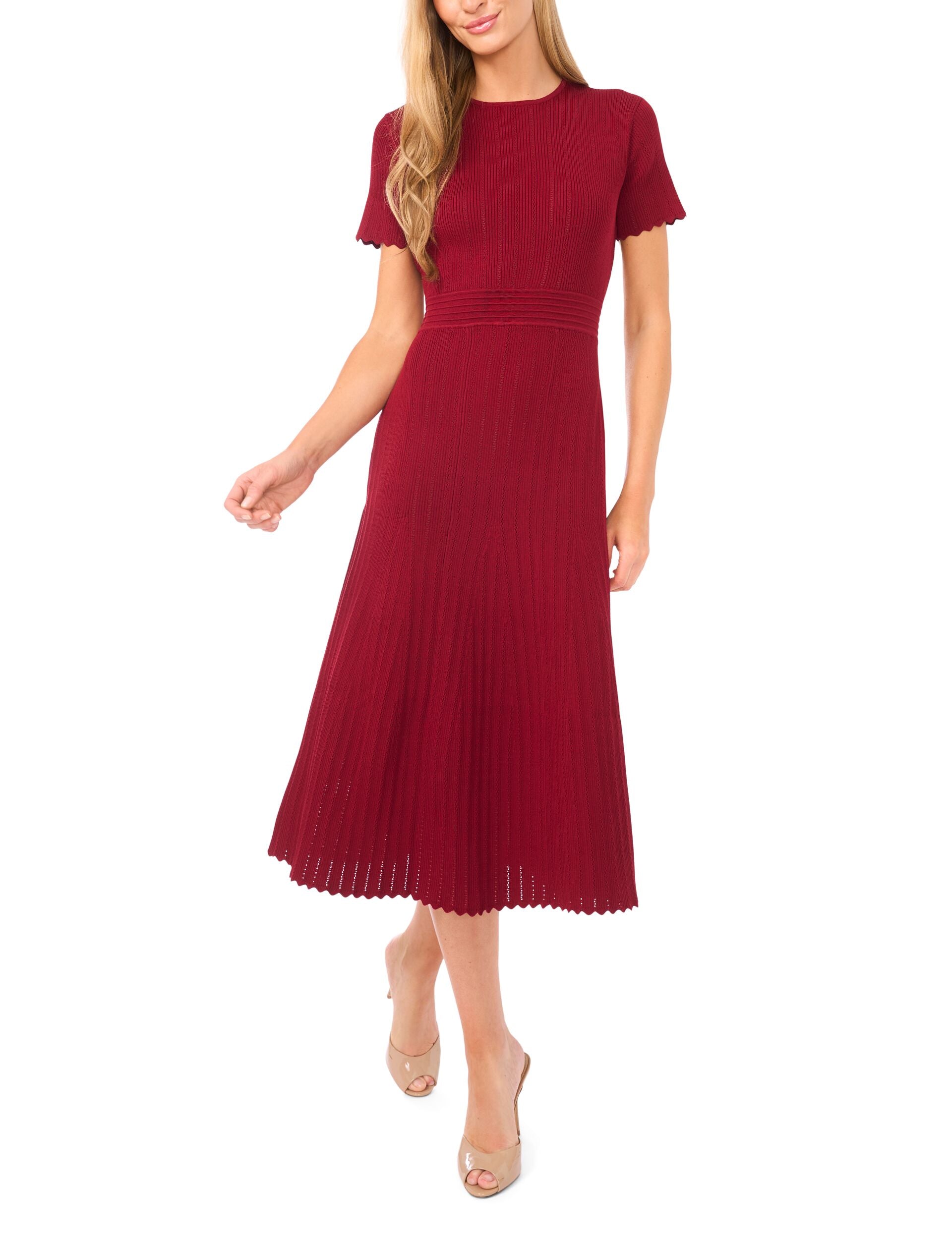 Burgundy Short Sleeve Crew Neck Midi Dress With Pointelle And Rib | Maraiss | Ted Baker US Burgundy Short Sleeve Crew Neck Midi Dress With Pointelle And Rib | Maraiss | Ted Baker US