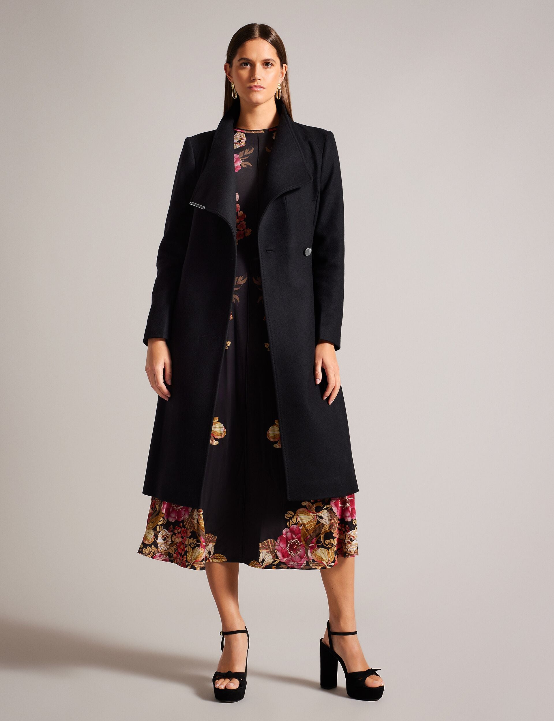 Black Midi Length Belted Wool Wrap Coat | Roseo | Ted Baker US
