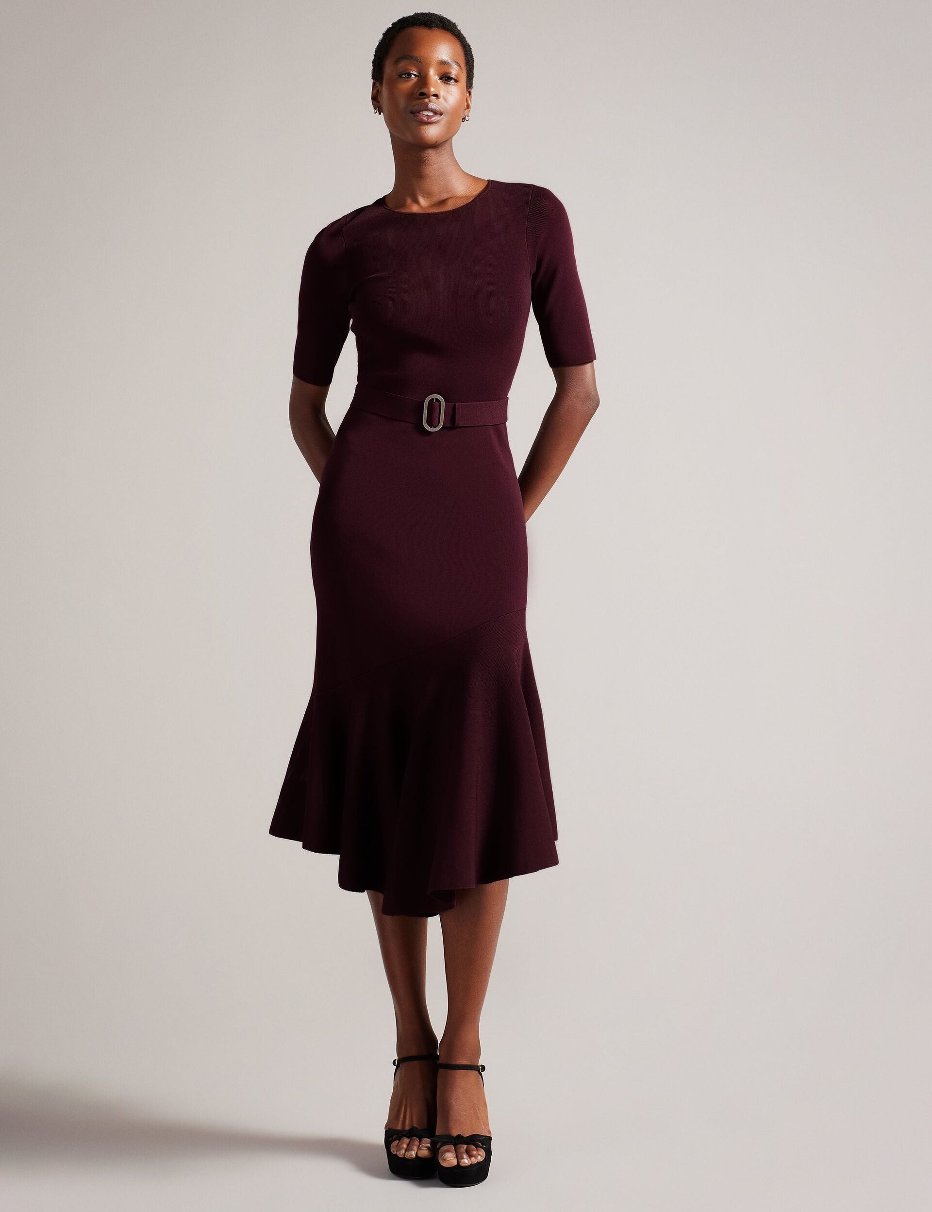 ted baker burgundy dress Flippy Hem Knitted Midi Dress With Belt | Samalee