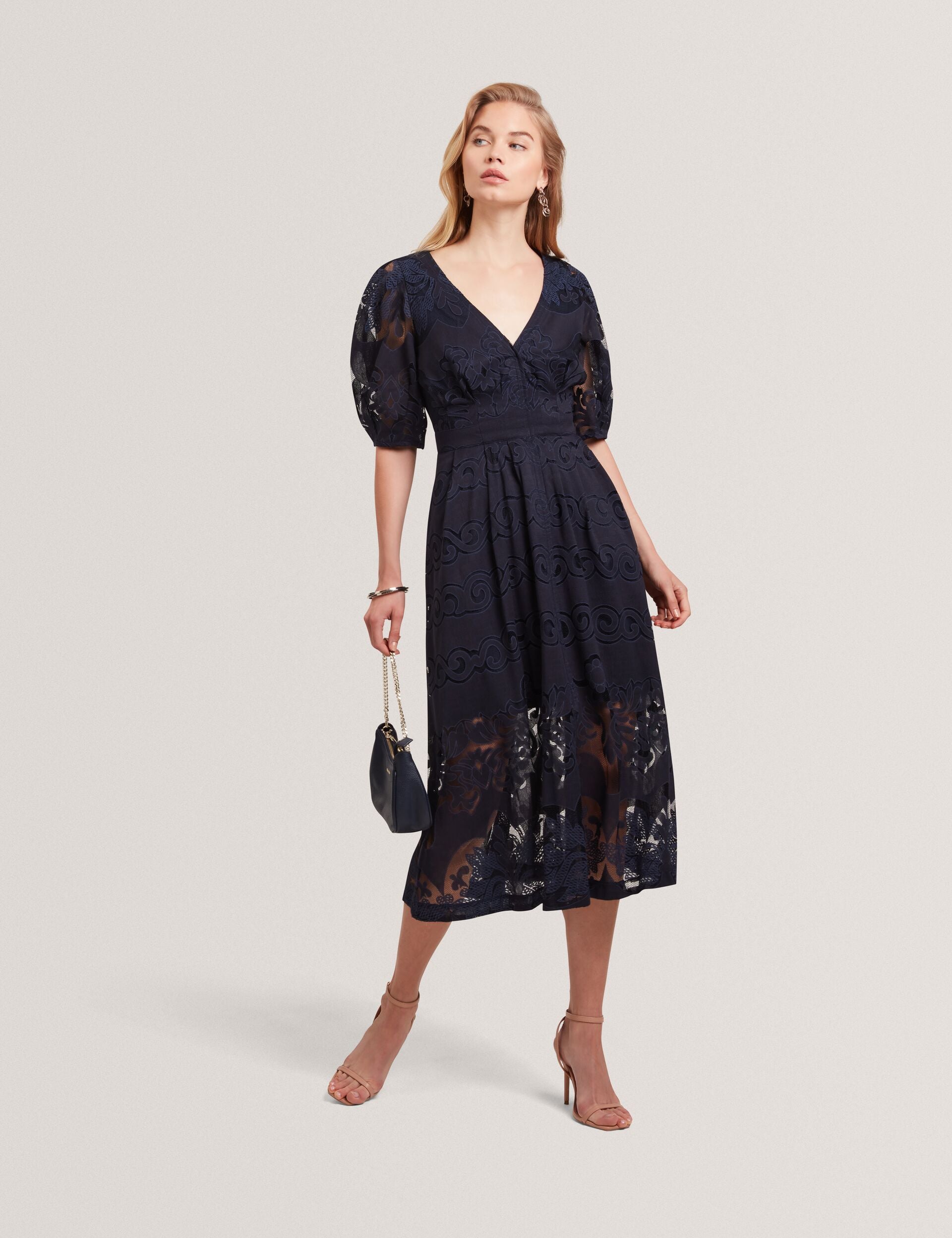 Navy Lace Puff Sleeve Cotton Blend Midi Dress Agnel Ted Baker US
