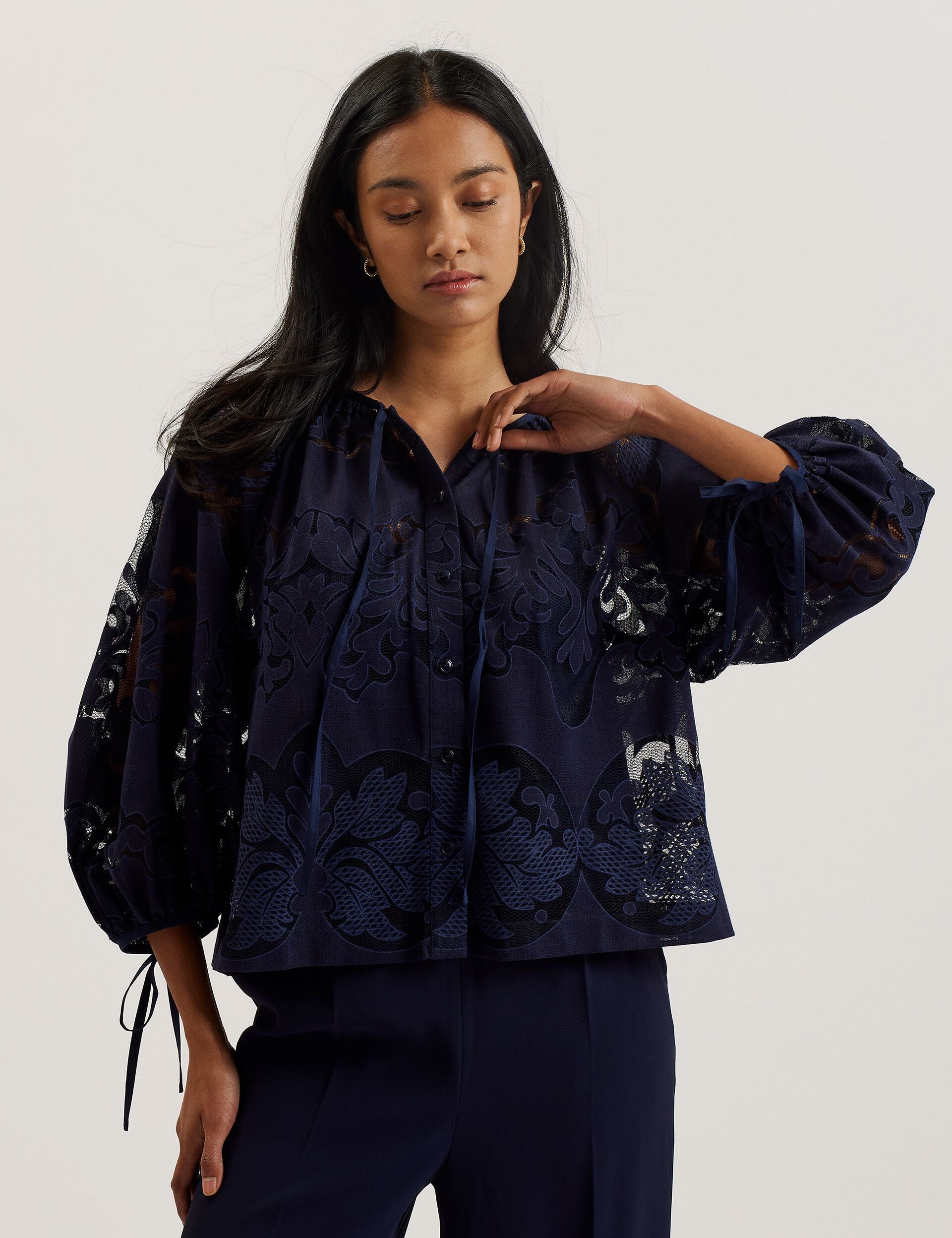 Dk-blue Lace 3/4 Balloon Sleeve Blouse | Bacina | Ted Baker US