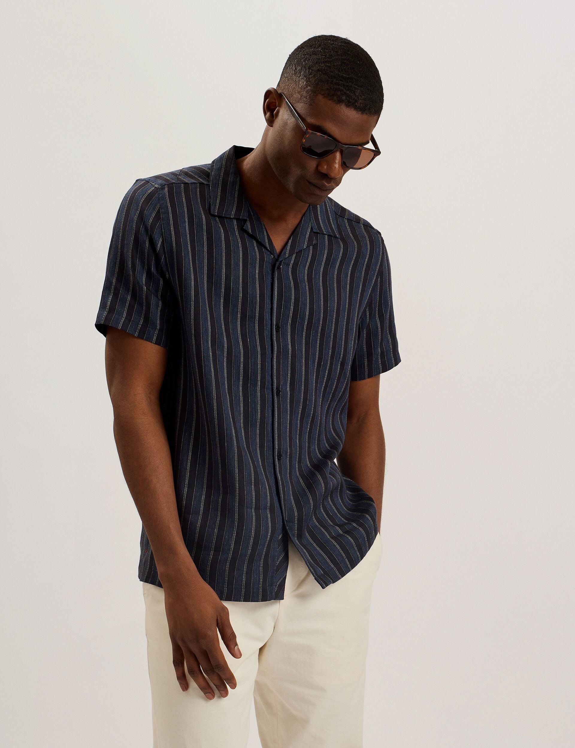 Navy Striped Cotton Linen Short Sleeve Shirt Francoi Ted Baker US