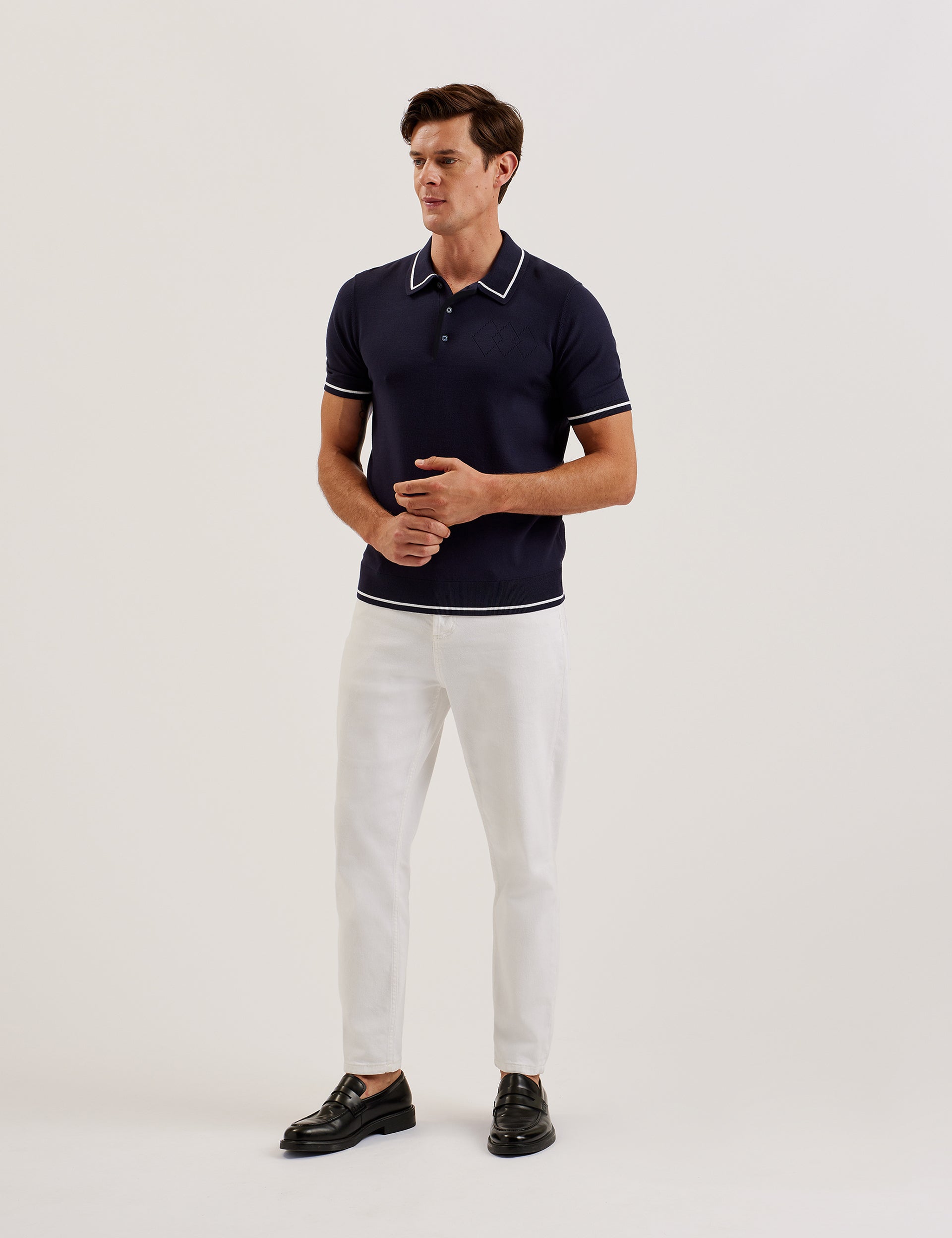 Pointelle Detail Striped Trim Polo Shirt Dunow Ted Baker US