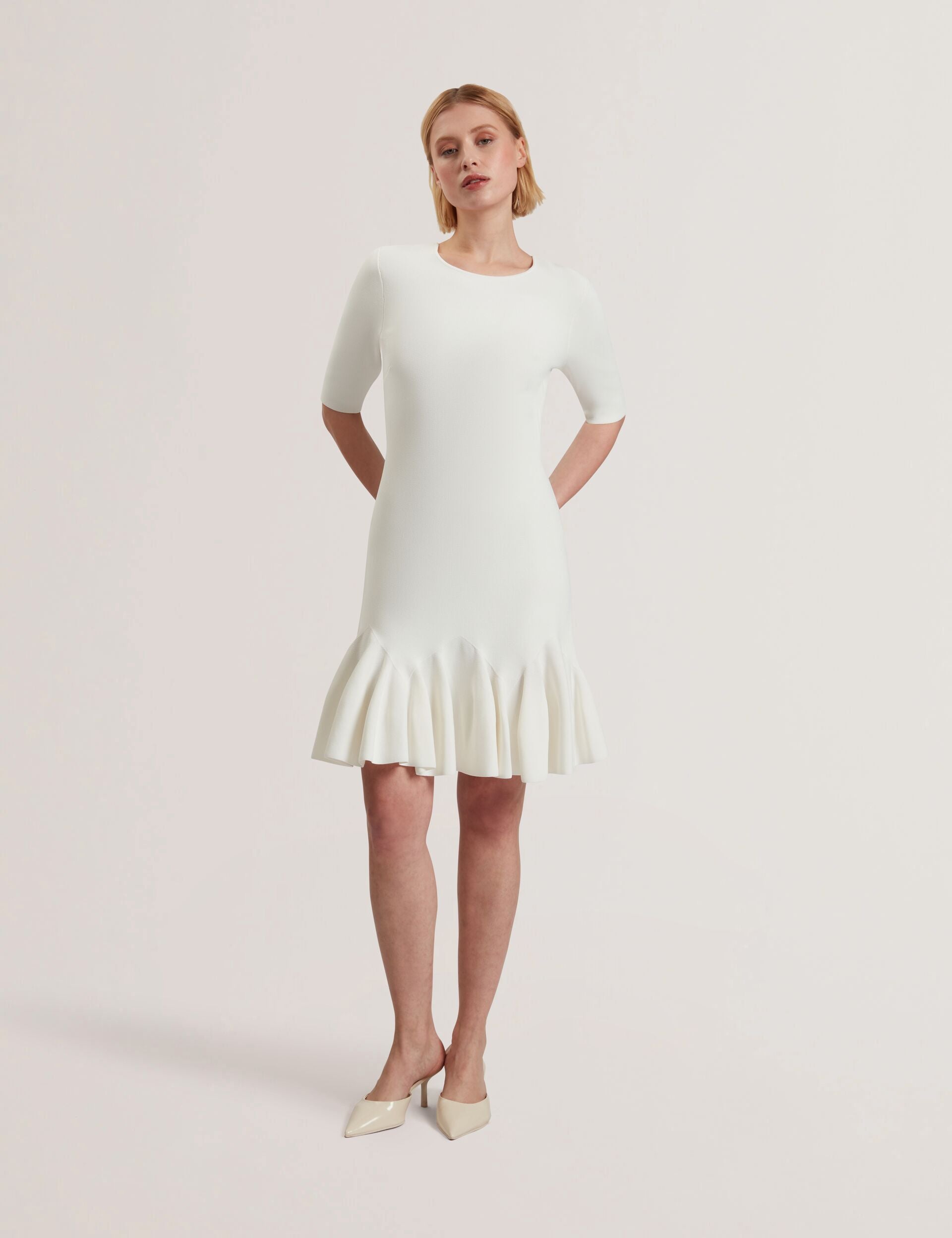 Ivory Pleated Hem Knitted Bodycon Mini Dress | Alzann | Ted Baker US