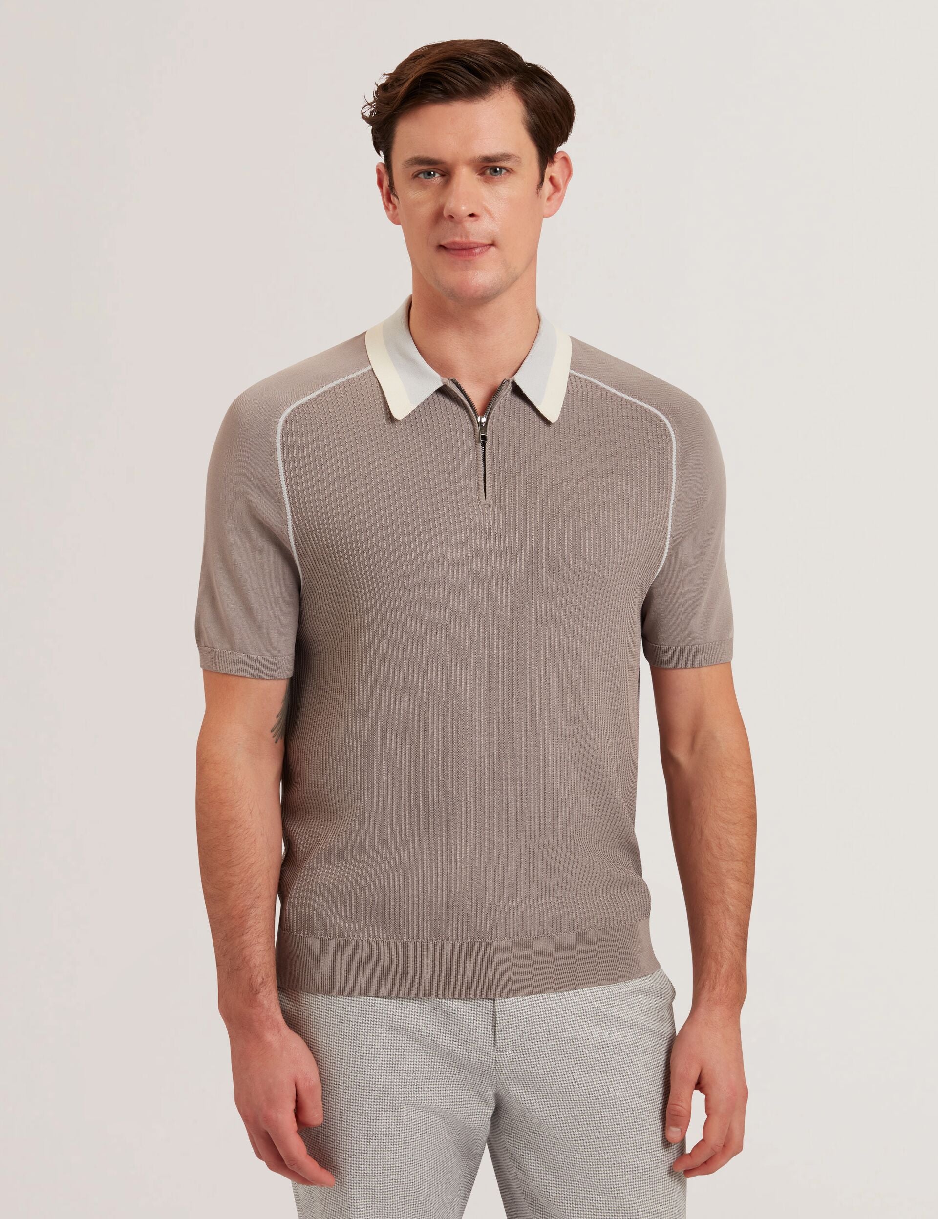 Textured Zip Polo With Striped Collar | Paxto | Ted Baker US