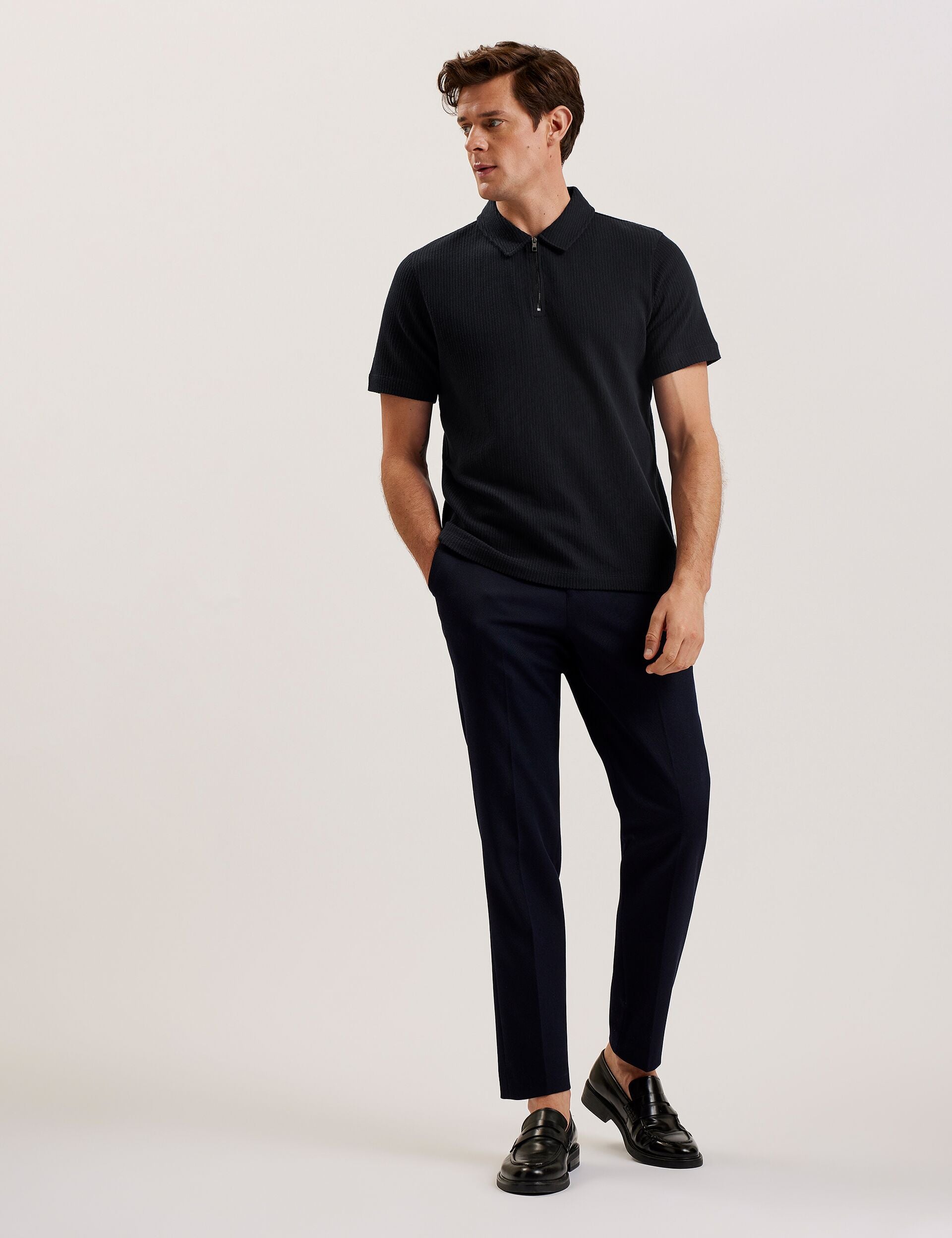 Navy Ribbed Cotton Zip Neck Polo Shirt | Elgrave | Ted Baker US