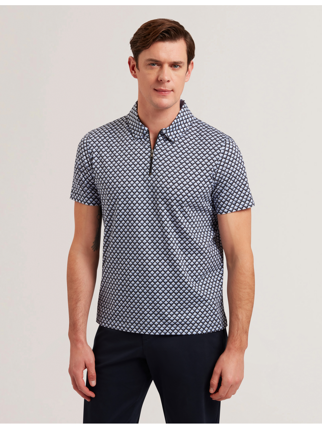 トップス AFB BORDER POLO SHIRTS Blue Printed Zip Neck Cotton Polo Shirt | Ounslo | Ted Baker US