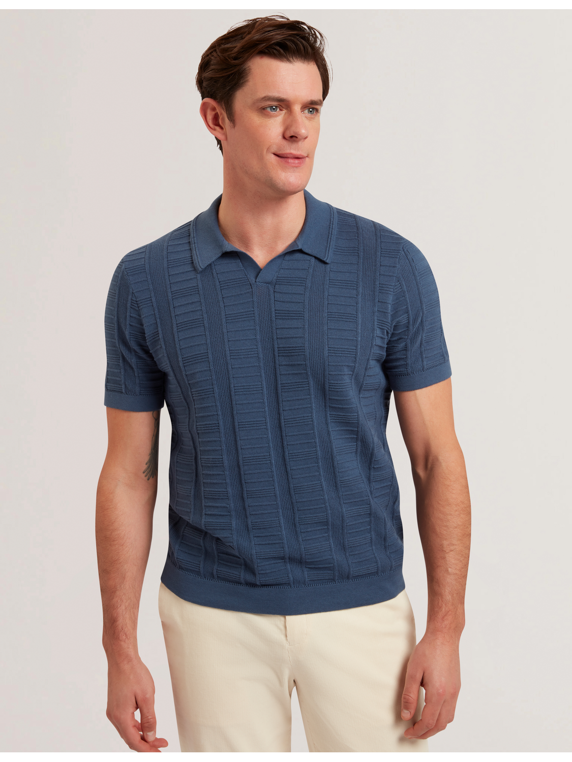 Dk-blue Textured Stripe Open Neck Knitted Polo Shirt | Ruzza | Ted Dk-blue Textured Stripe Open Neck Knitted Polo Shirt | Ruzza | Ted