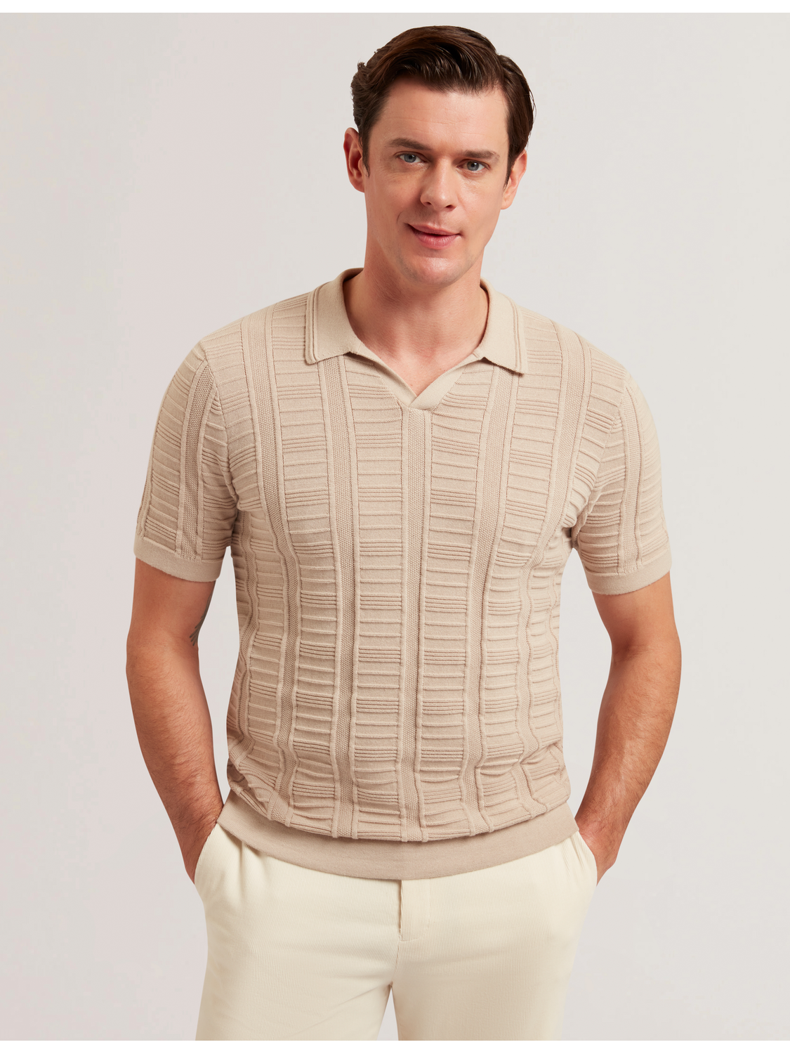 Taupe Textured Stripe Open Neck Knitted Polo Shirt | Ruzza | Ted