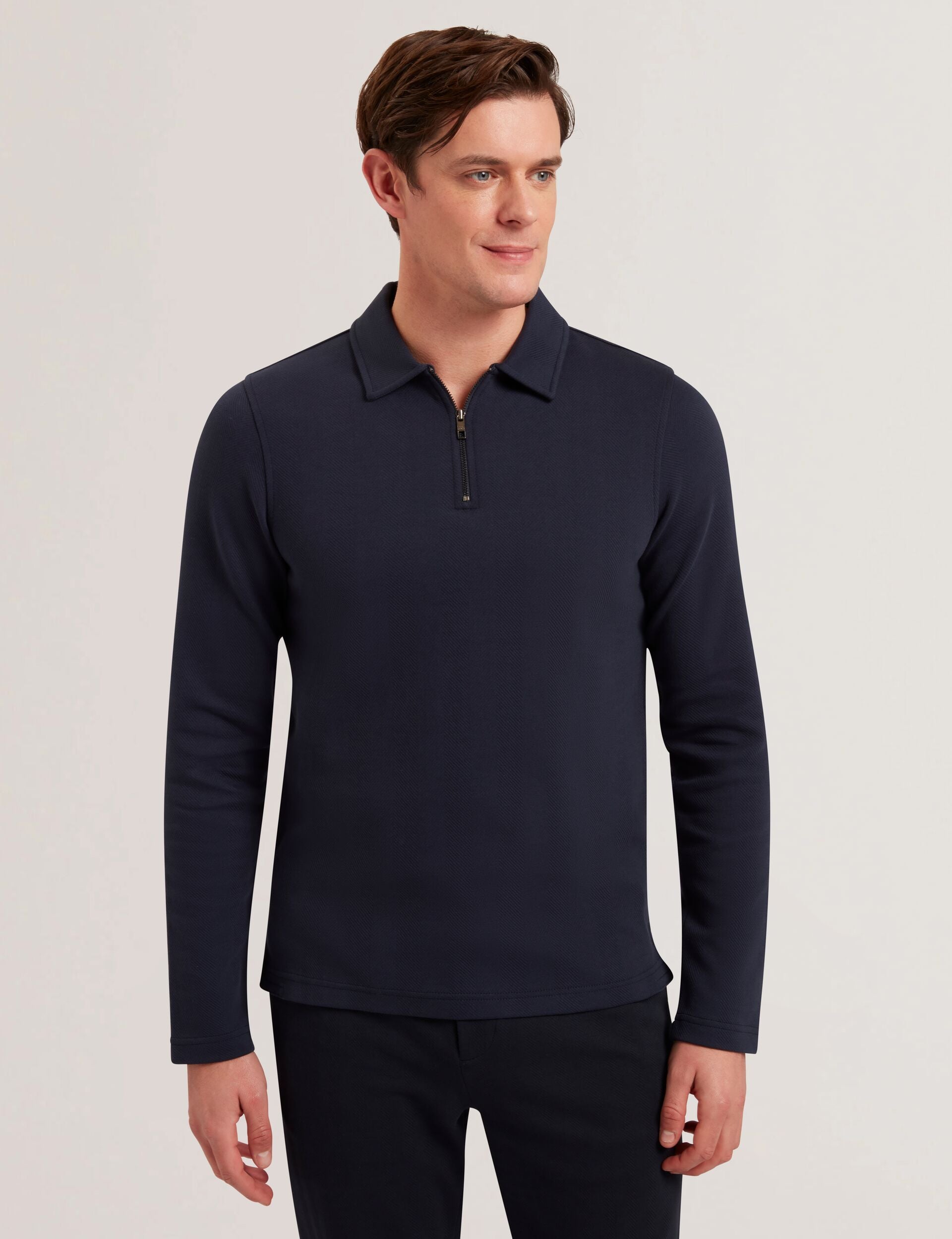 Herringbone Zip Neck Long Sleeve Polo | Kalend | Ted Baker US
