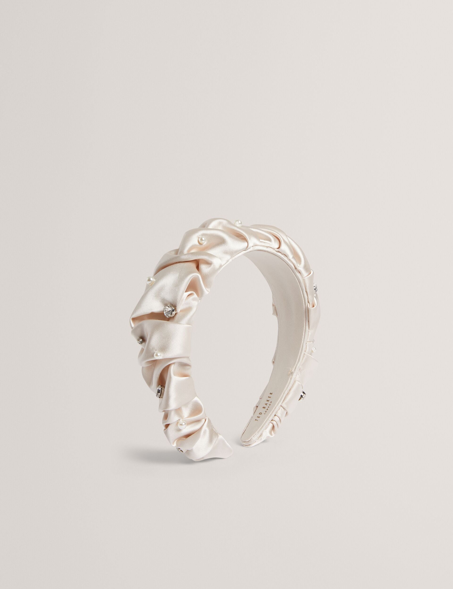 Cream Padded Satin Headband with Rhinestone Crest: GENERIC BRAND Tori Headband in Satin -- Cream – Jennifer Behr LLC main image 3