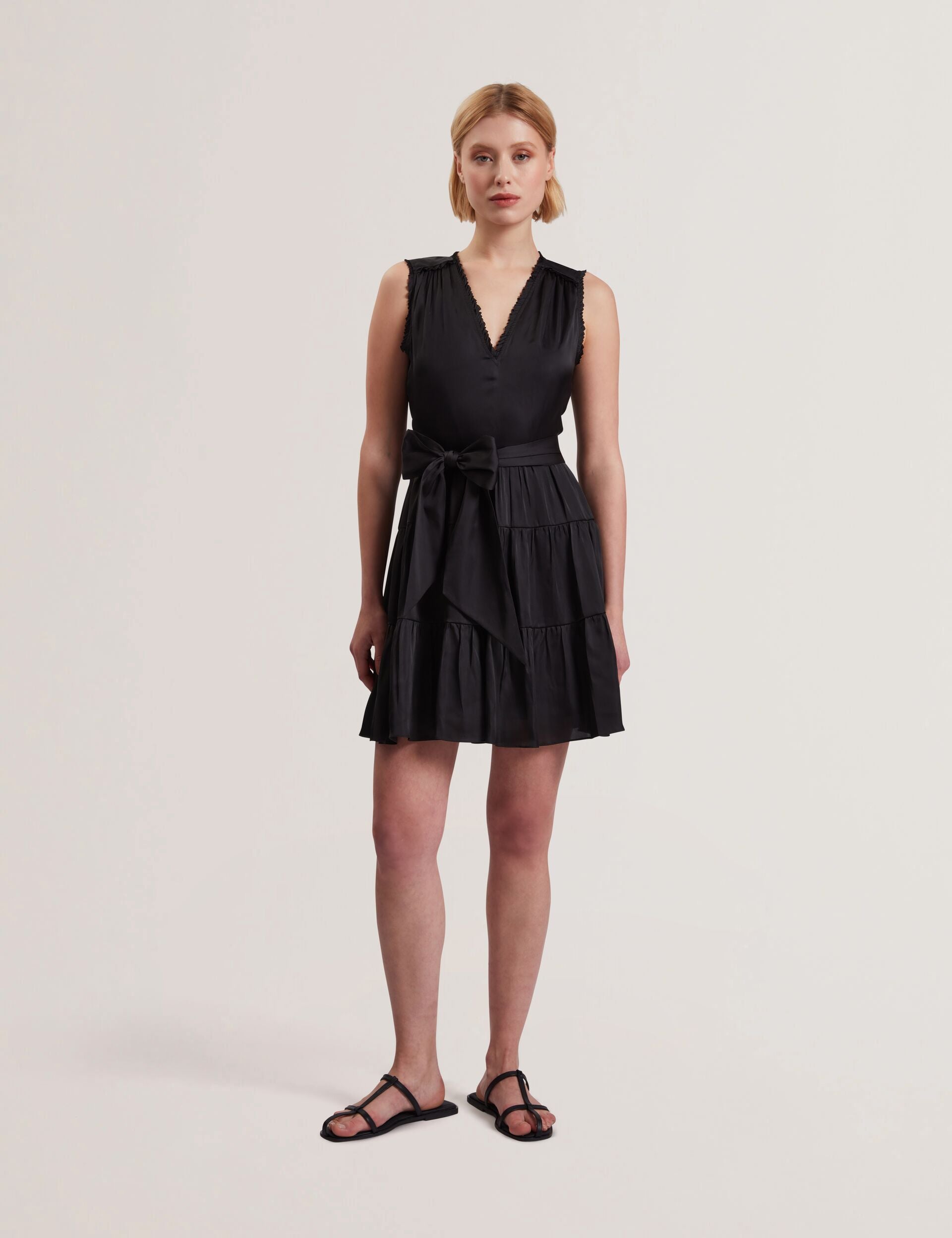 OTIANA - Sleeveless Tie Waist Tiered Mini Dress OTIANA - Sleeveless Tie Waist Tiered Mini Dress