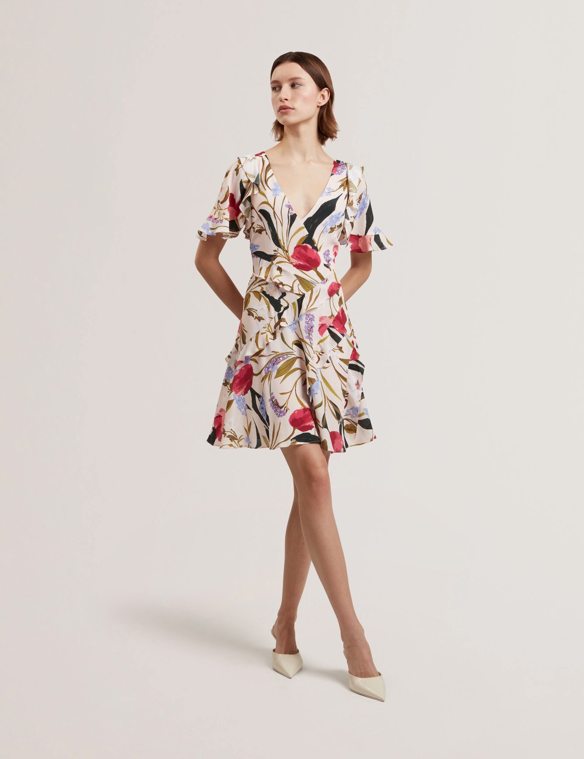 Frill Trim Floral Short Sleeve Mini Dress | Issiia