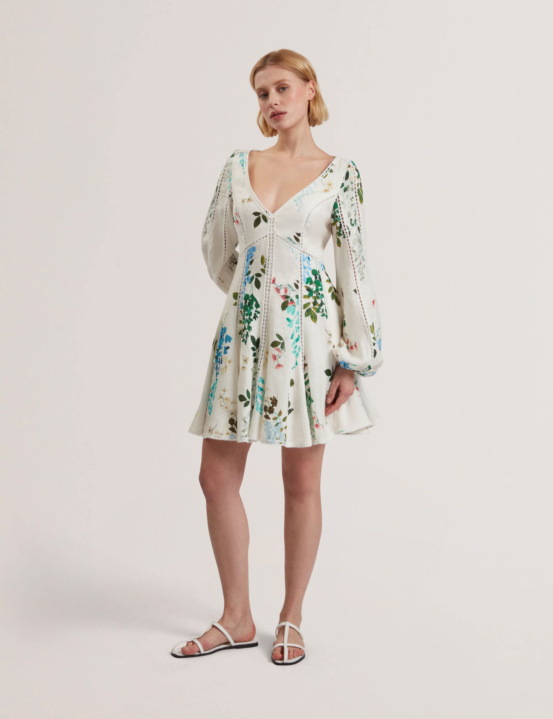 BELVIDA - Floral Crochet Trim Linen Mini Dress BELVIDA - Floral Crochet Trim Linen Mini Dress