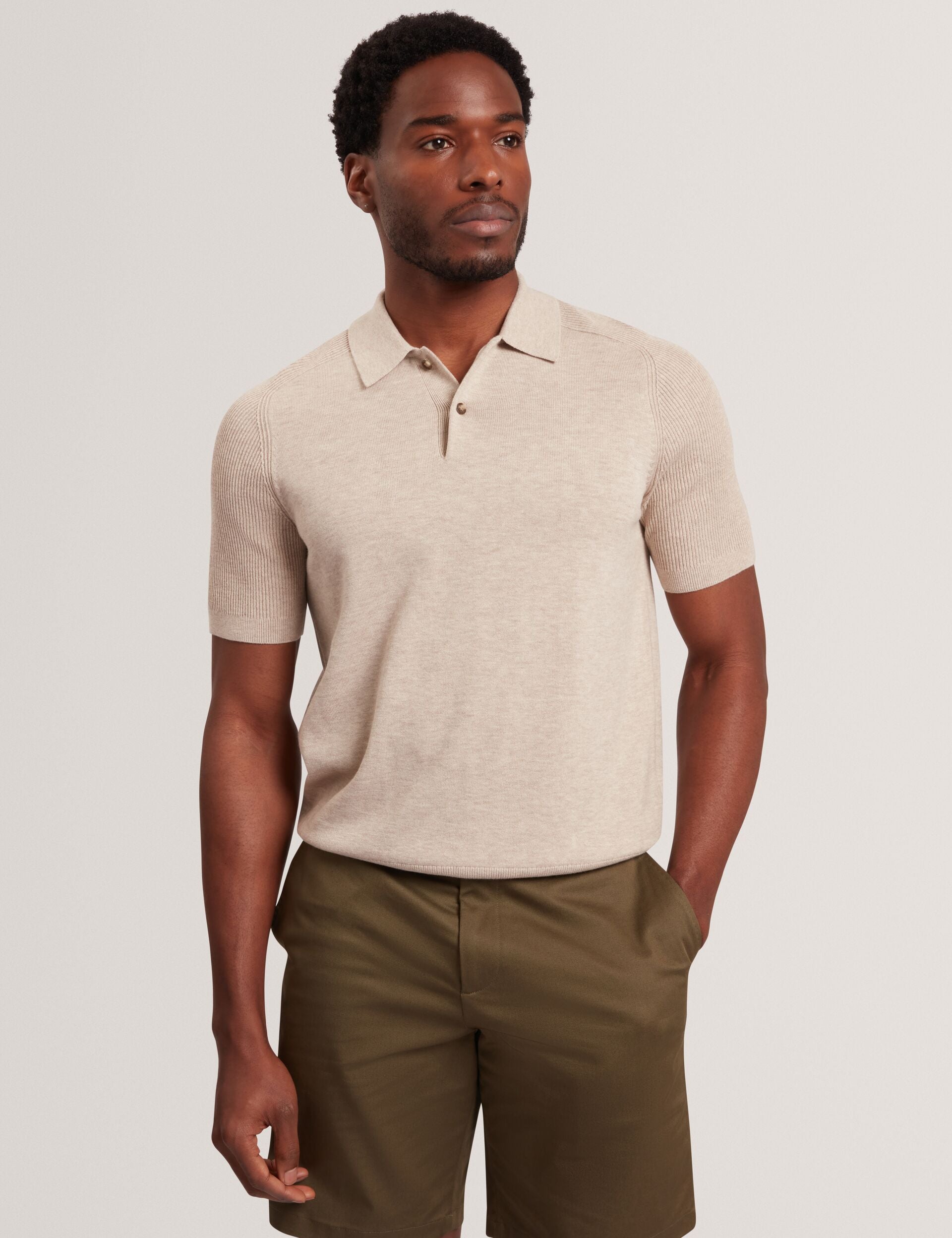 OTISO Wool Blend Ribbed Raglan Short Sleeve Polo