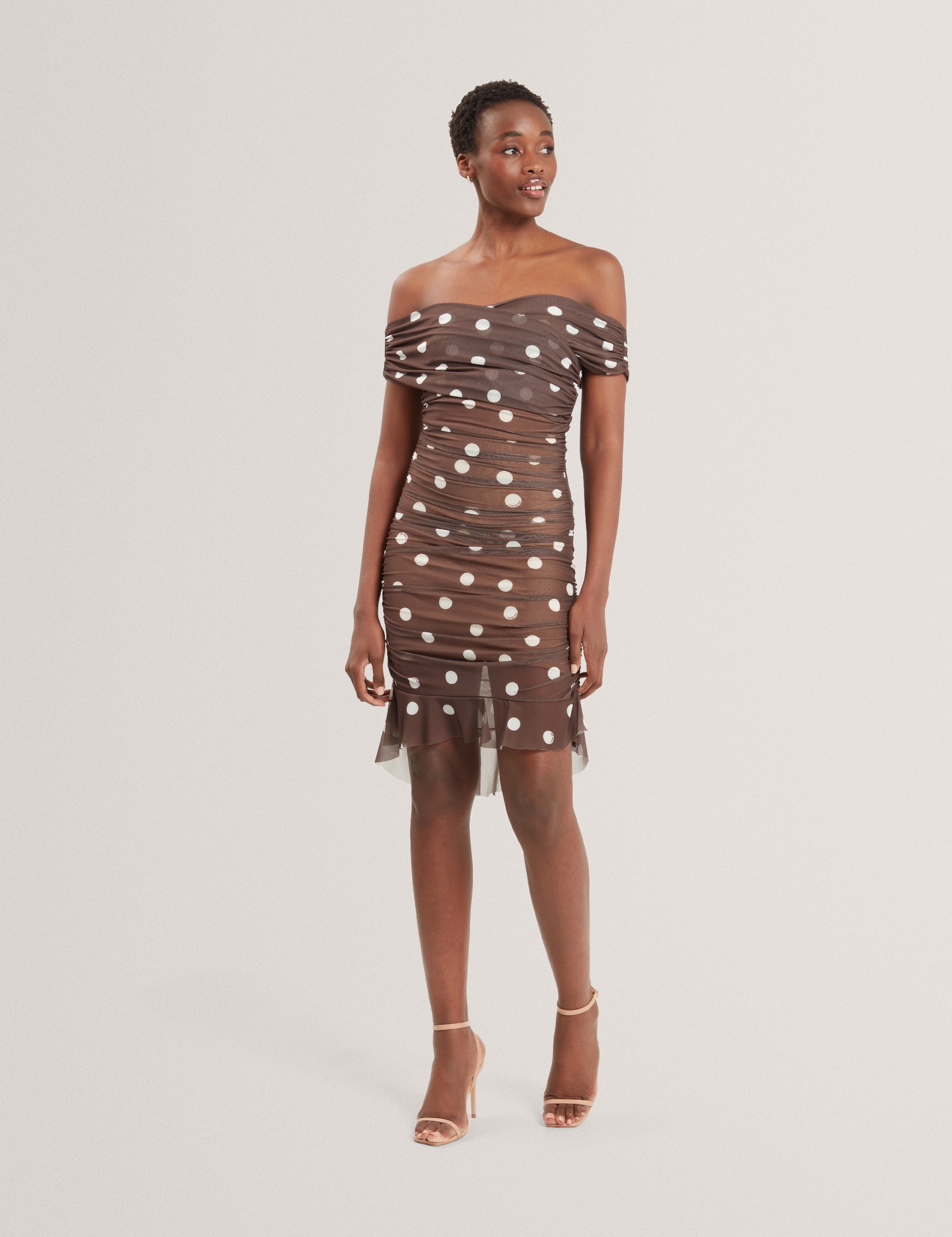 Dark Brown Off-shoulder Polka Dot Mesh Mini Dress | Tildahh | Ted Baker US Dark Brown Off-shoulder Polka Dot Mesh Mini Dress | Tildahh | Ted Baker US