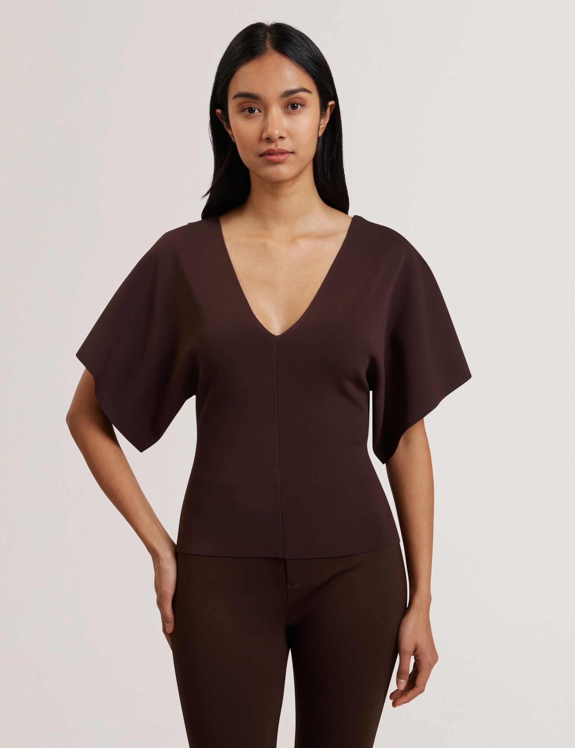 REGINAH | DK-BROWN Dk-brown Wide Short Sleeve V-neck Knitted Top | Reginah | Ted Baker US