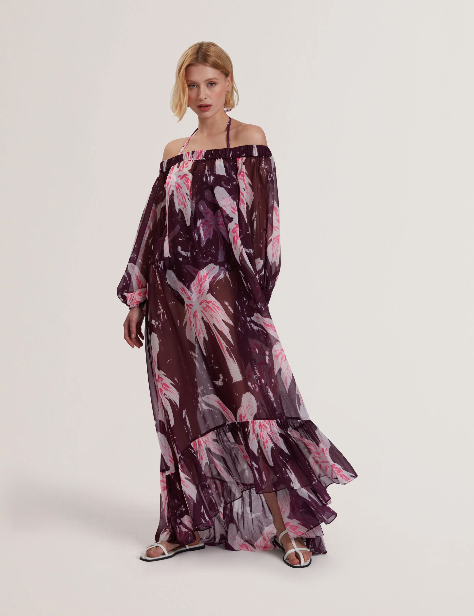 Maroon Floral Bardot Maxi Dress Beach Cover-up Montaya Ted