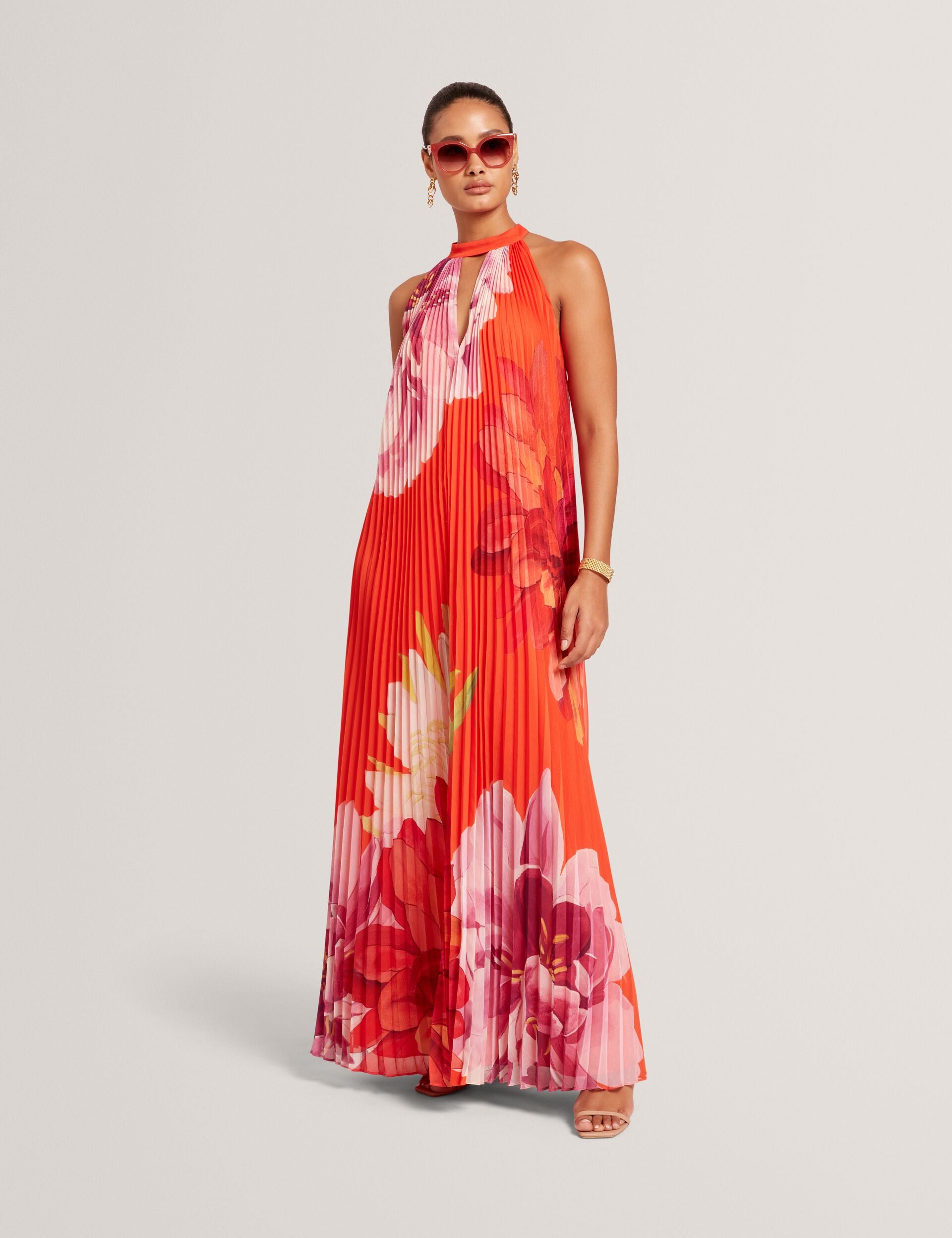 Orange Floral Halter Neck Pleated Chiffon Maxi Dress | Materva | Ted Baker UK Orange Floral Halter Neck Pleated Chiffon Maxi Dress | Materva | Ted Baker UK