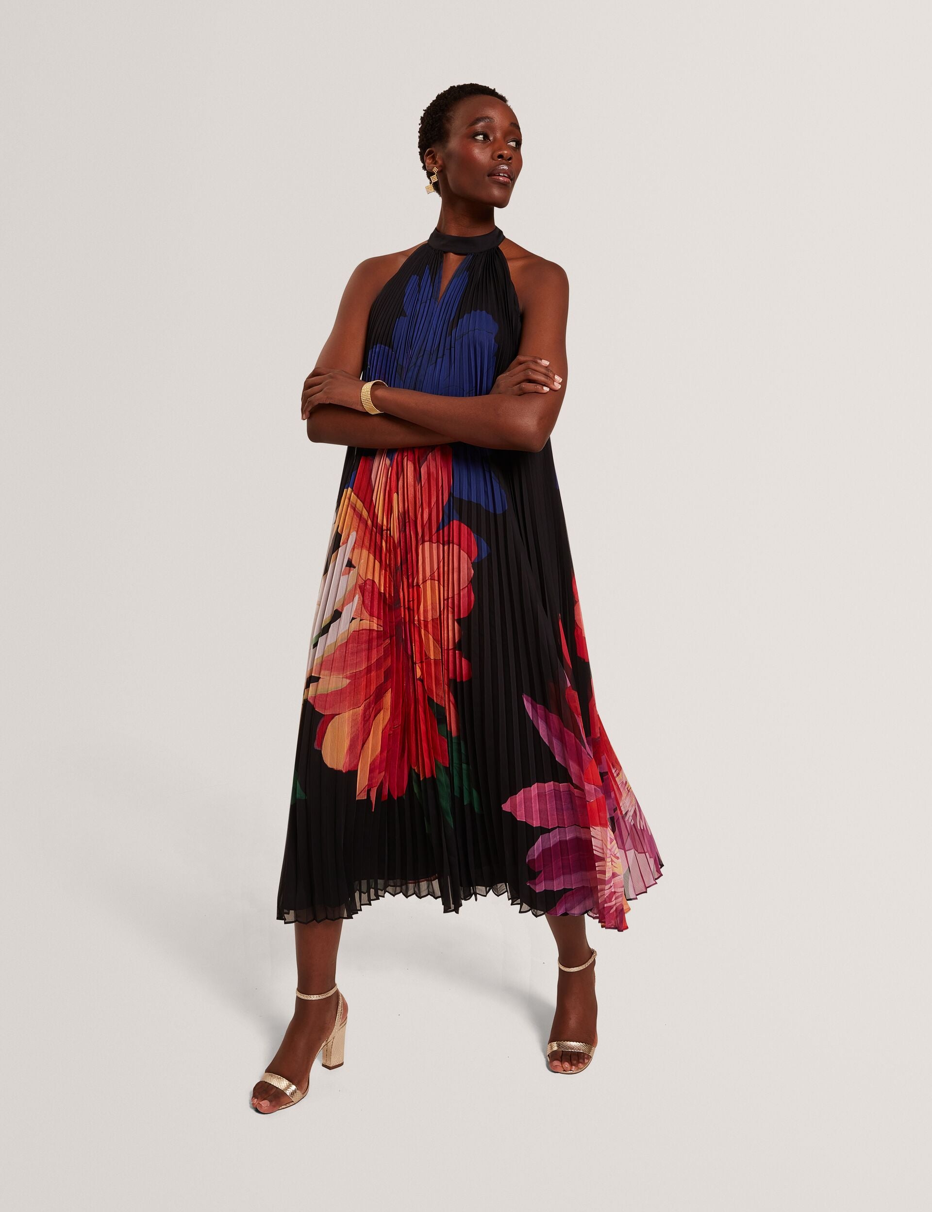 Bold Bloom Pleated Halter Neck Midi Dress | Scotlia