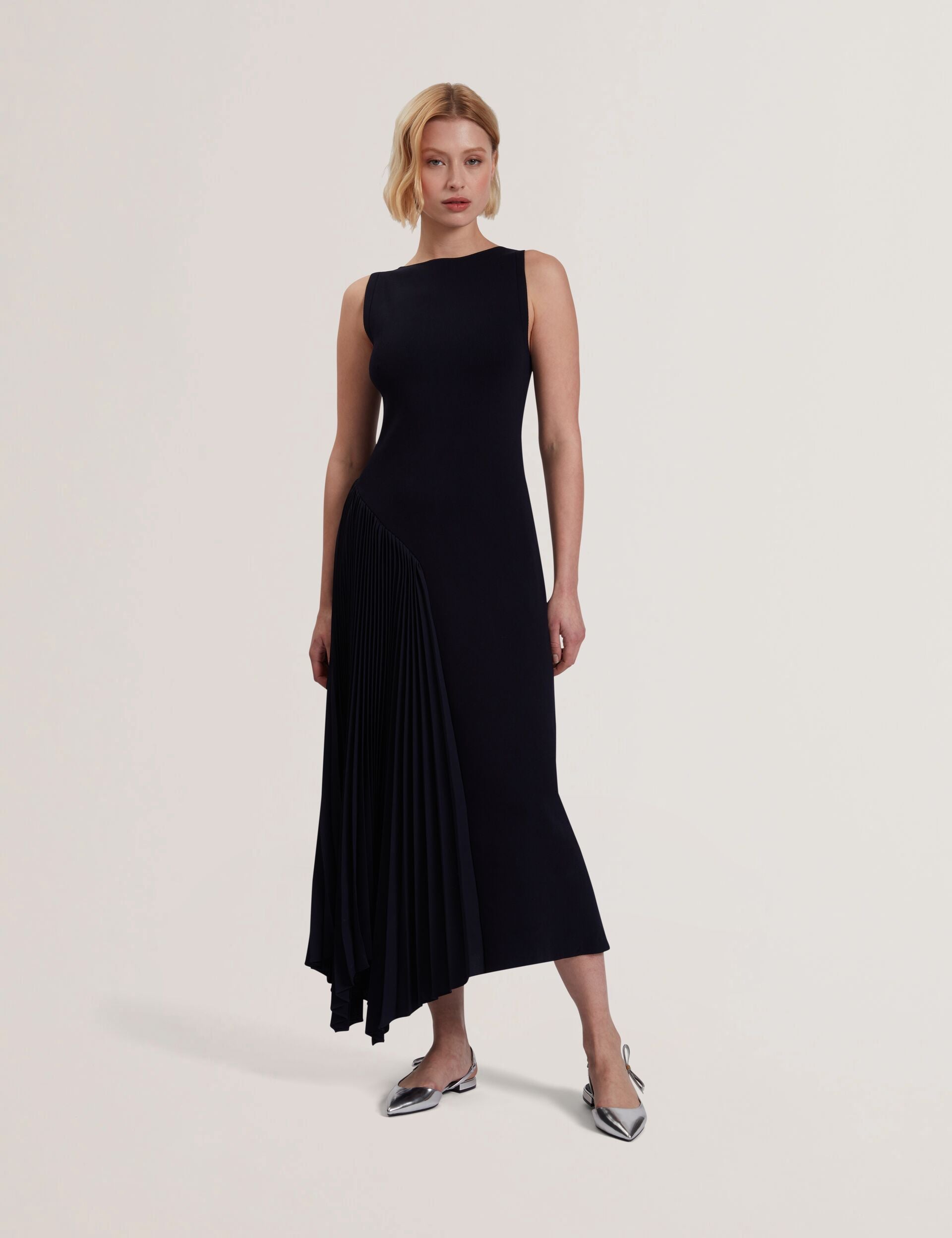 Navy Pleated Panel Sleeveless Knitted Midi Dress | Azzina