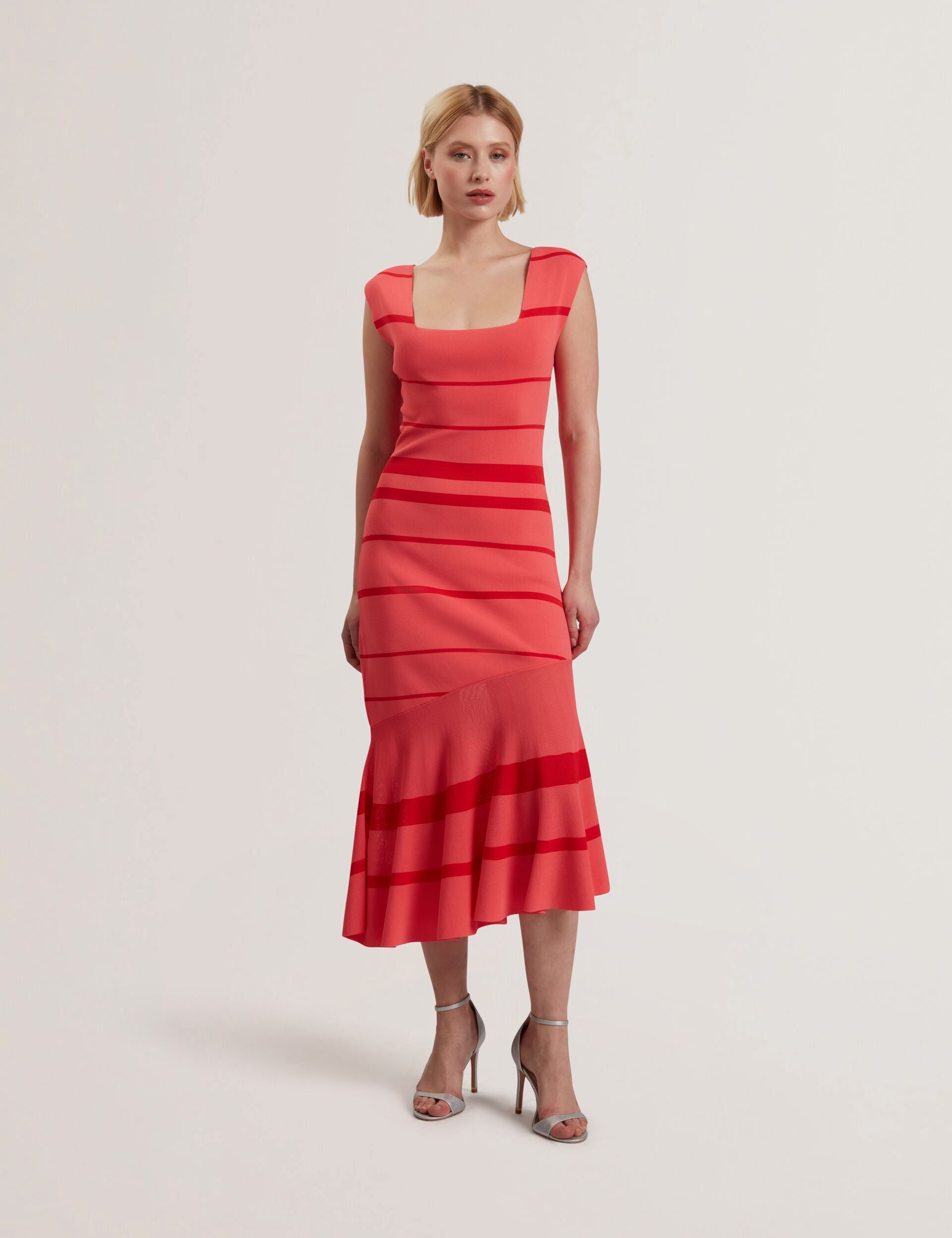 Coral Striped Square Neck Flippy Midi Dress Tilleea Ted Baker US