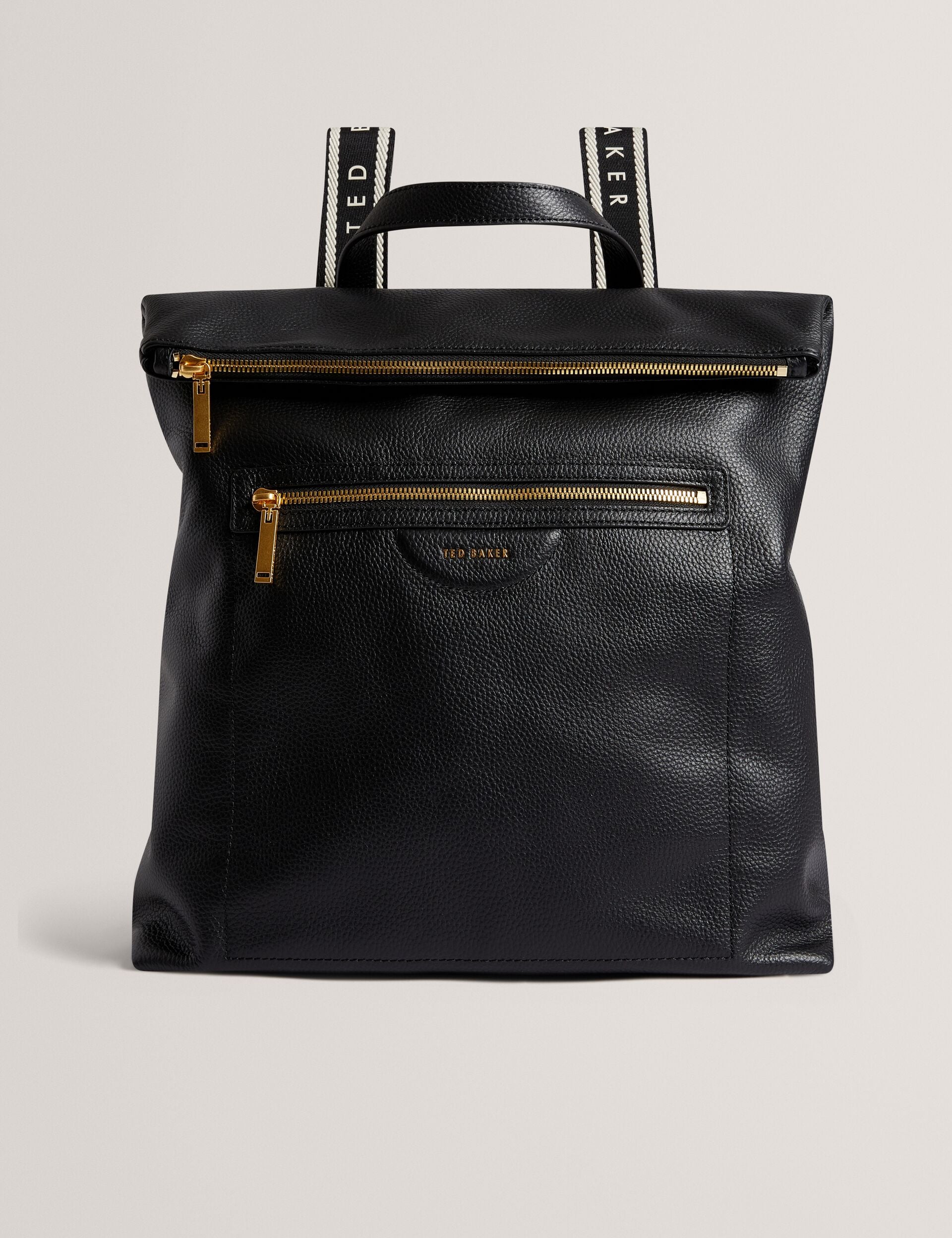 black leather backpack womens ted baker Webbing Strap Leather Fold Over Backpack | Essaya