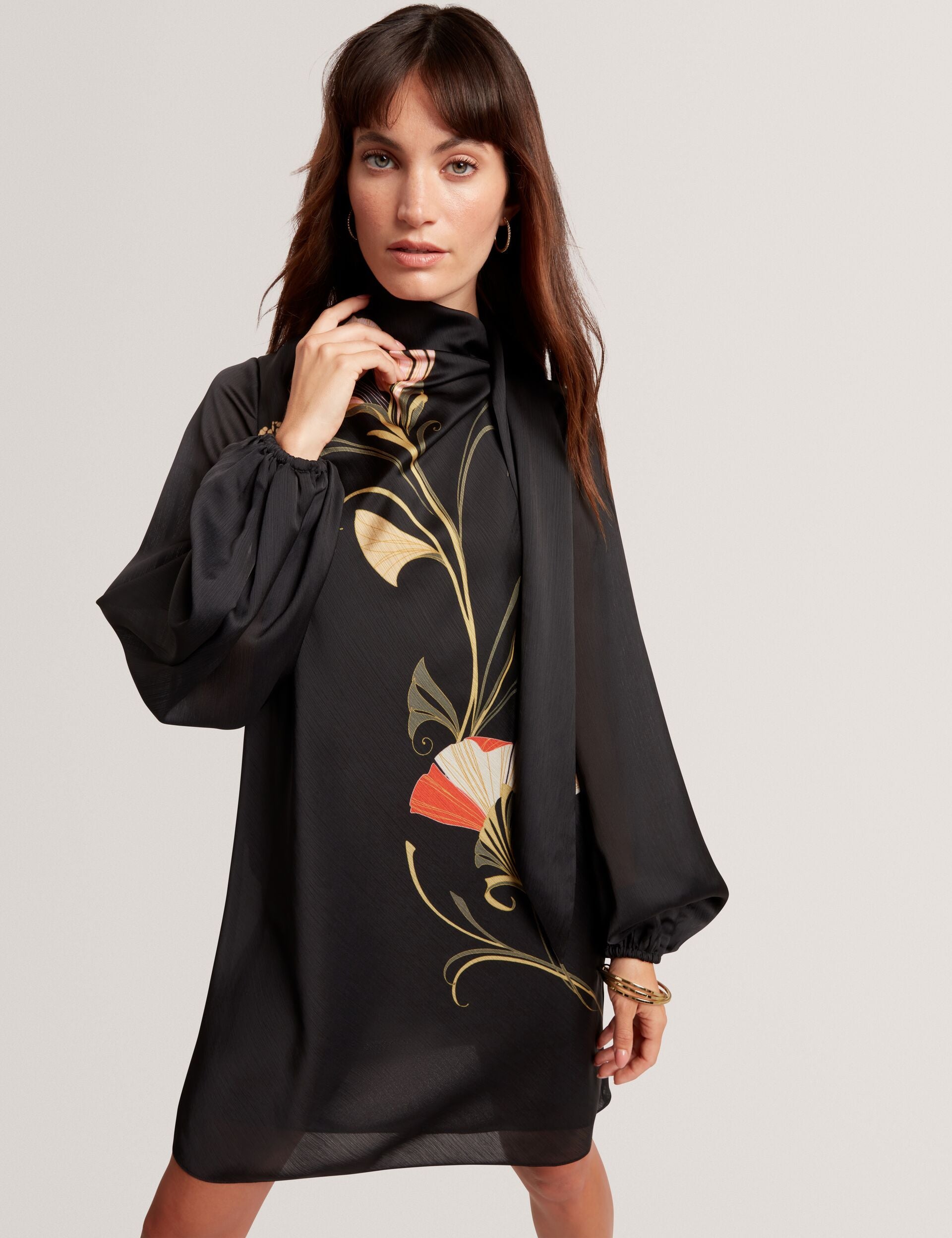 Black Nouveau Print Tie Neck Long Sleeve Mini Dress | Molma | Ted Baker UK Black Nouveau Print Tie Neck Long Sleeve Mini Dress | Molma | Ted Baker UK