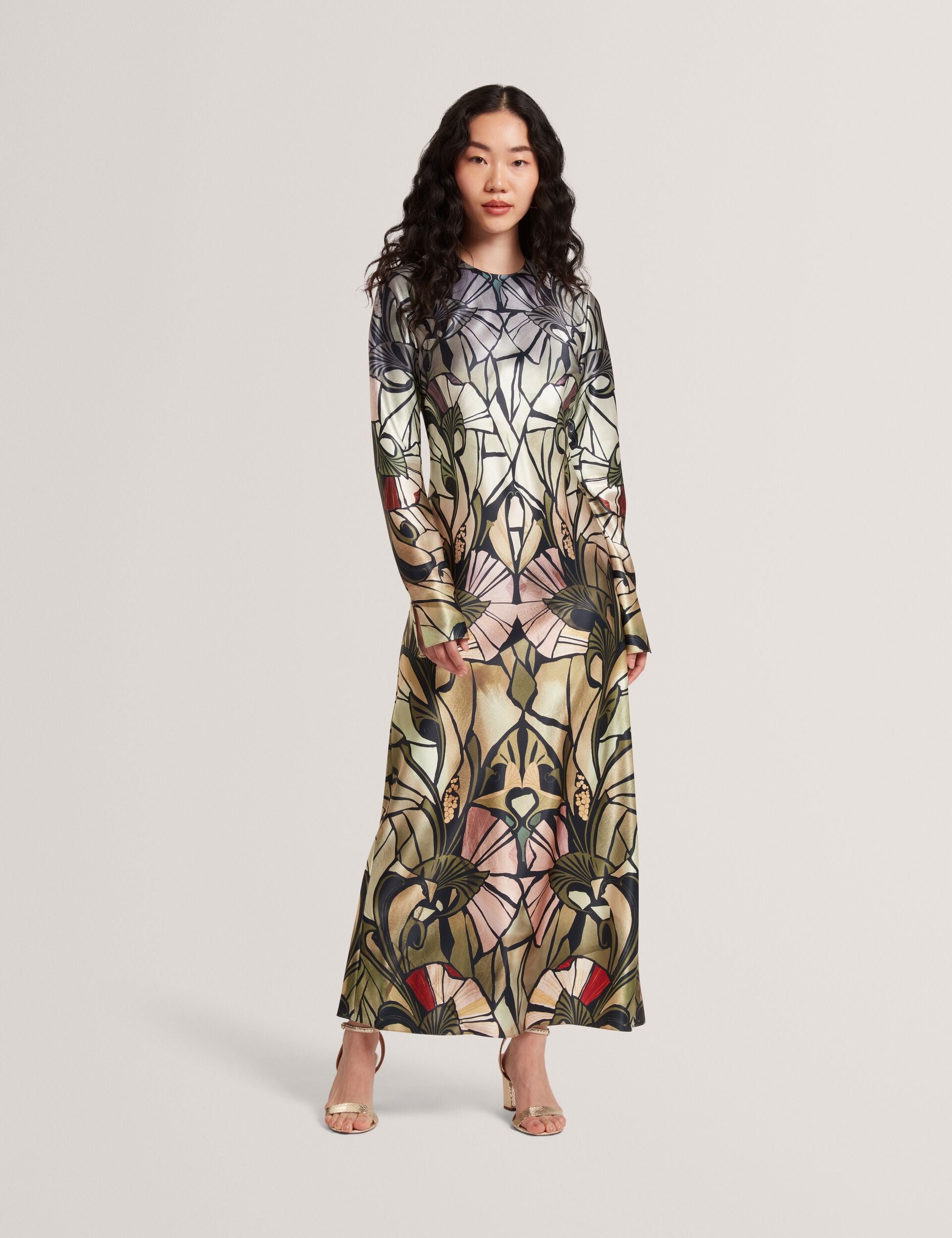 ted baker dress long sleeve Mirrored Print Long Sleeve Satin Midi Dress | Zellie