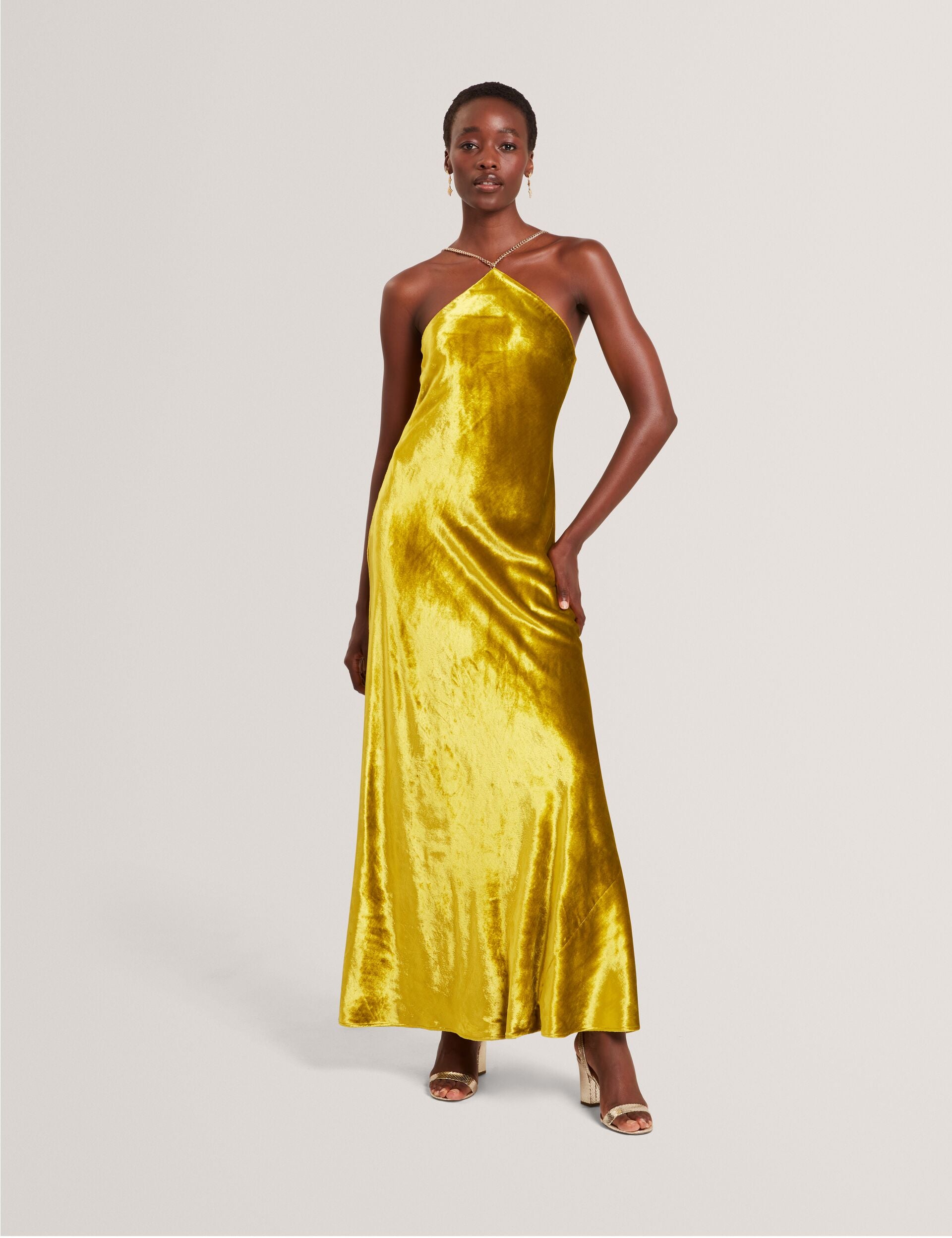 Gold Velvet Halterneck Column Maxi Dress | Jordya | Ted Baker IE Gold Velvet Halterneck Column Maxi Dress | Jordya | Ted Baker IE