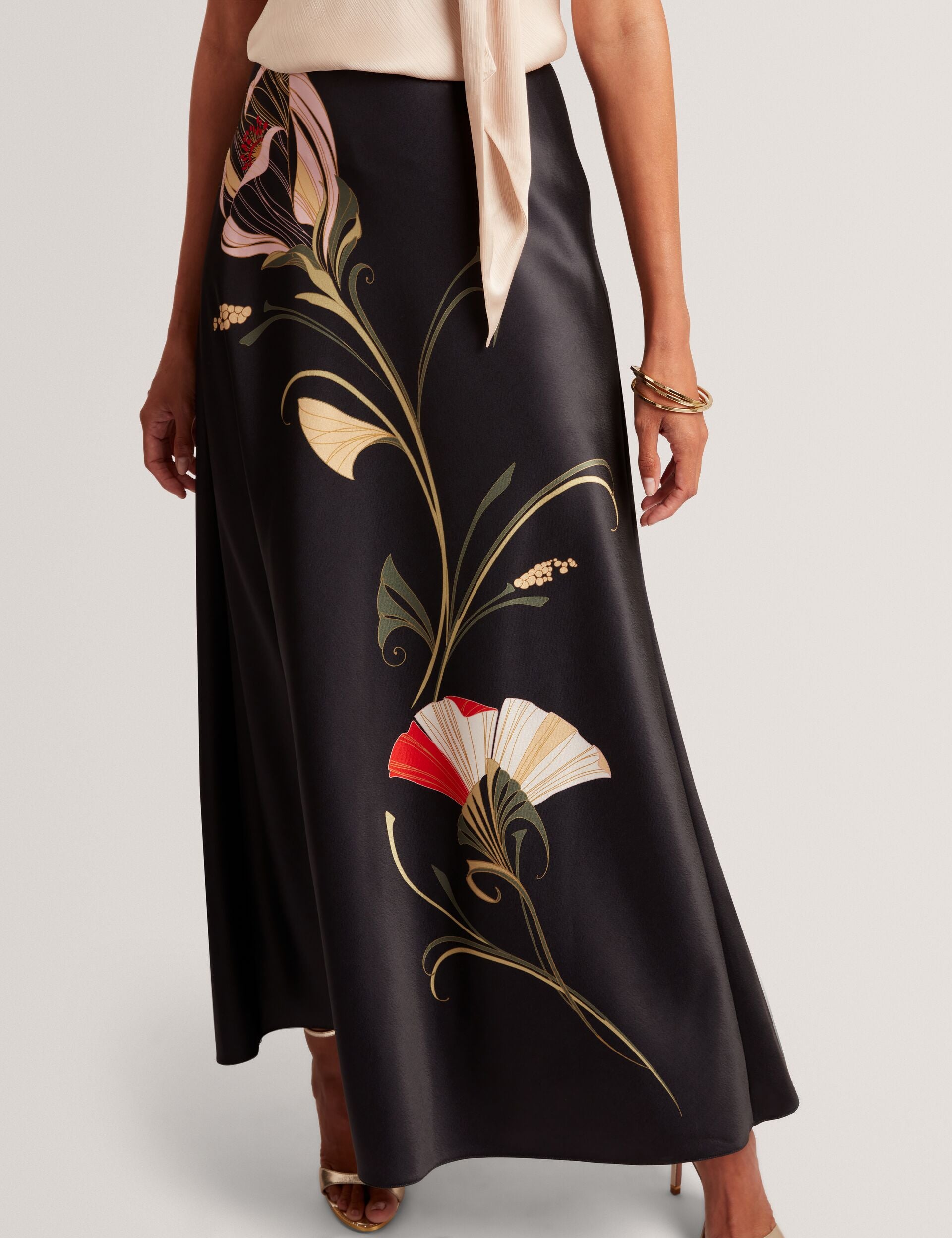 Black Floral Graphic Satin Bias Maxi Skirt | Salira | Ted Baker UK