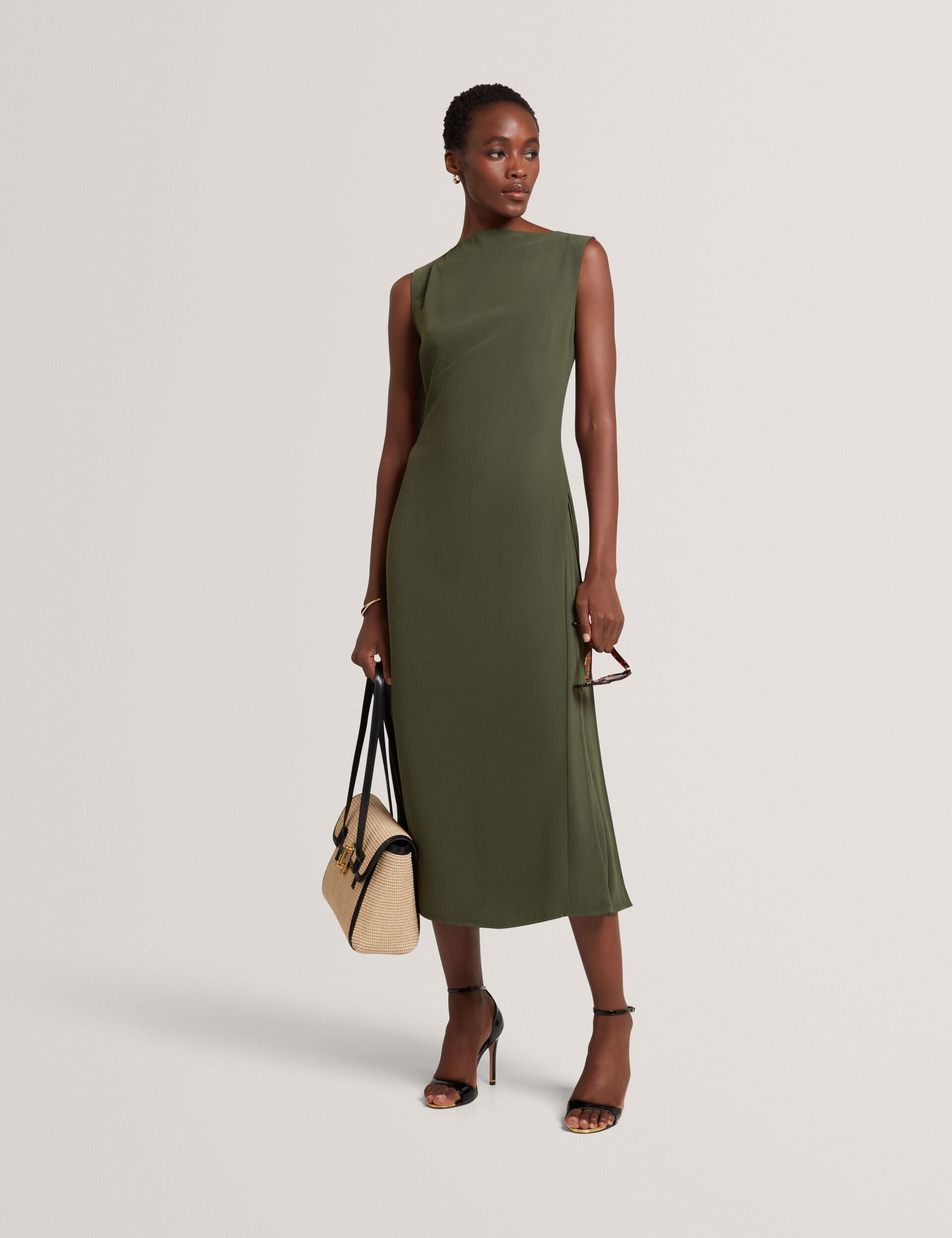 Pleat Detail Sleeveless Column Midi Dress | Dahrcy