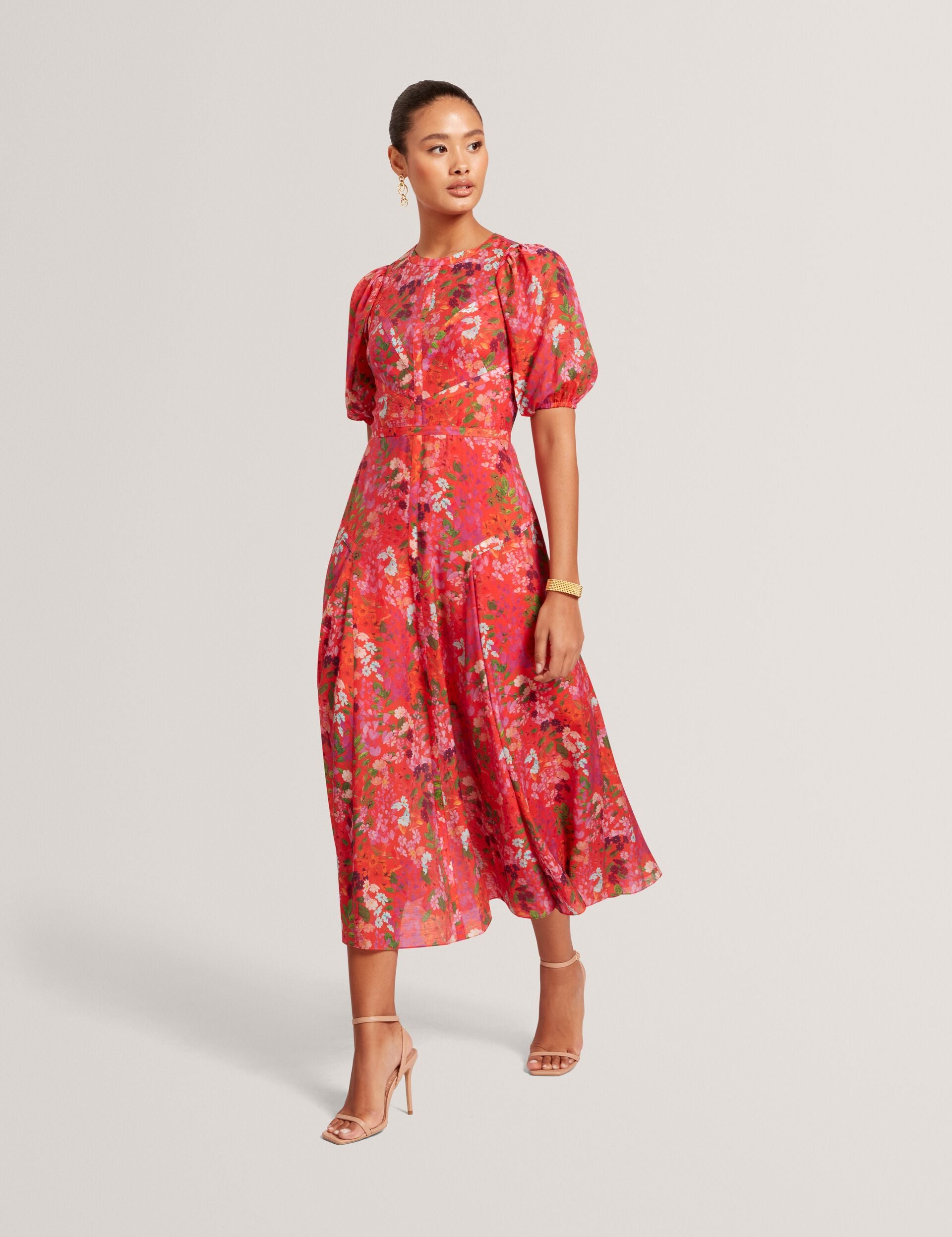 strapless open back dress Blossom Print Puff Sleeve A-line Midi Dress | Sianna