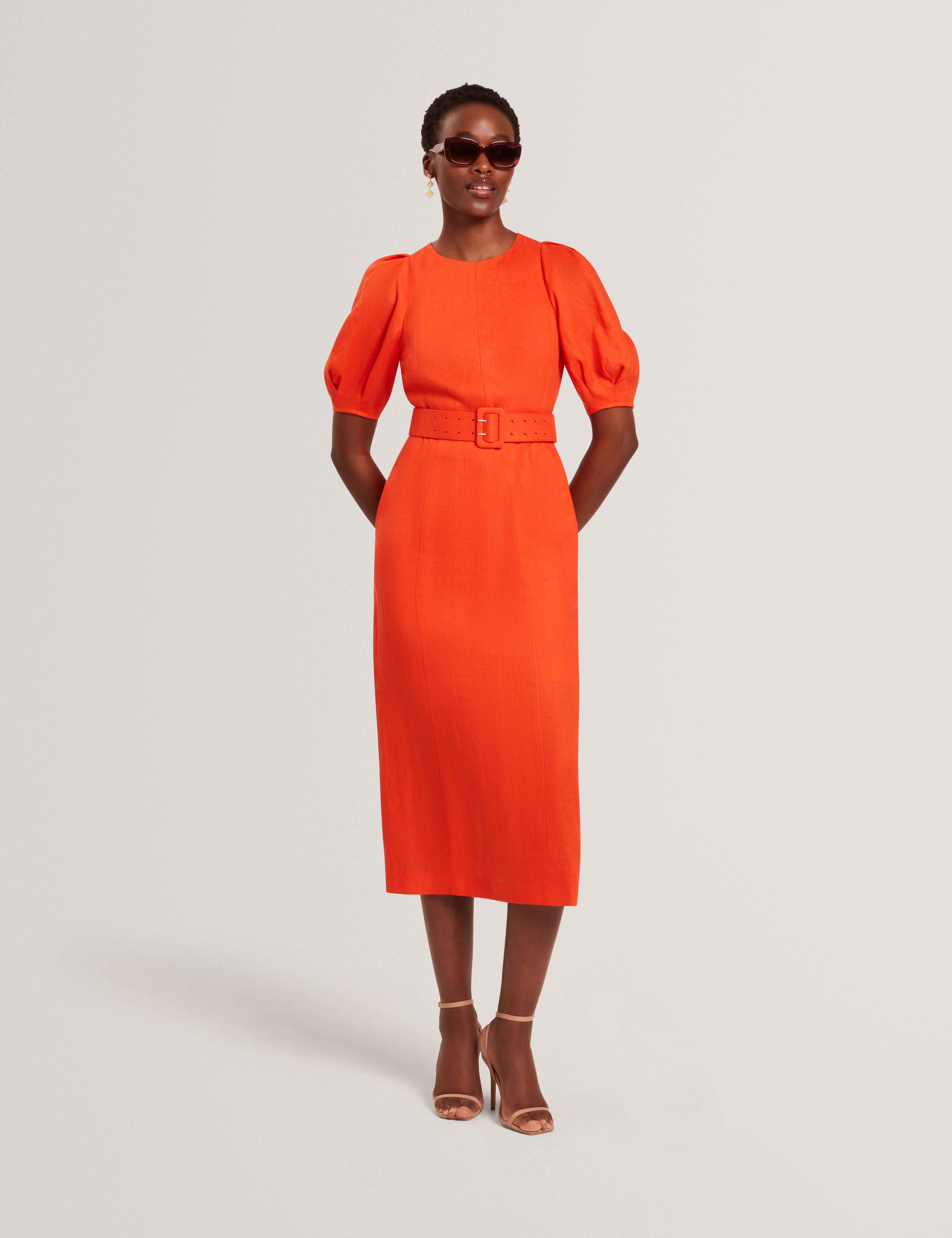 strapless open back dress Shaped Puff Sleeve Belted Linen Midi Dress | Rumbee