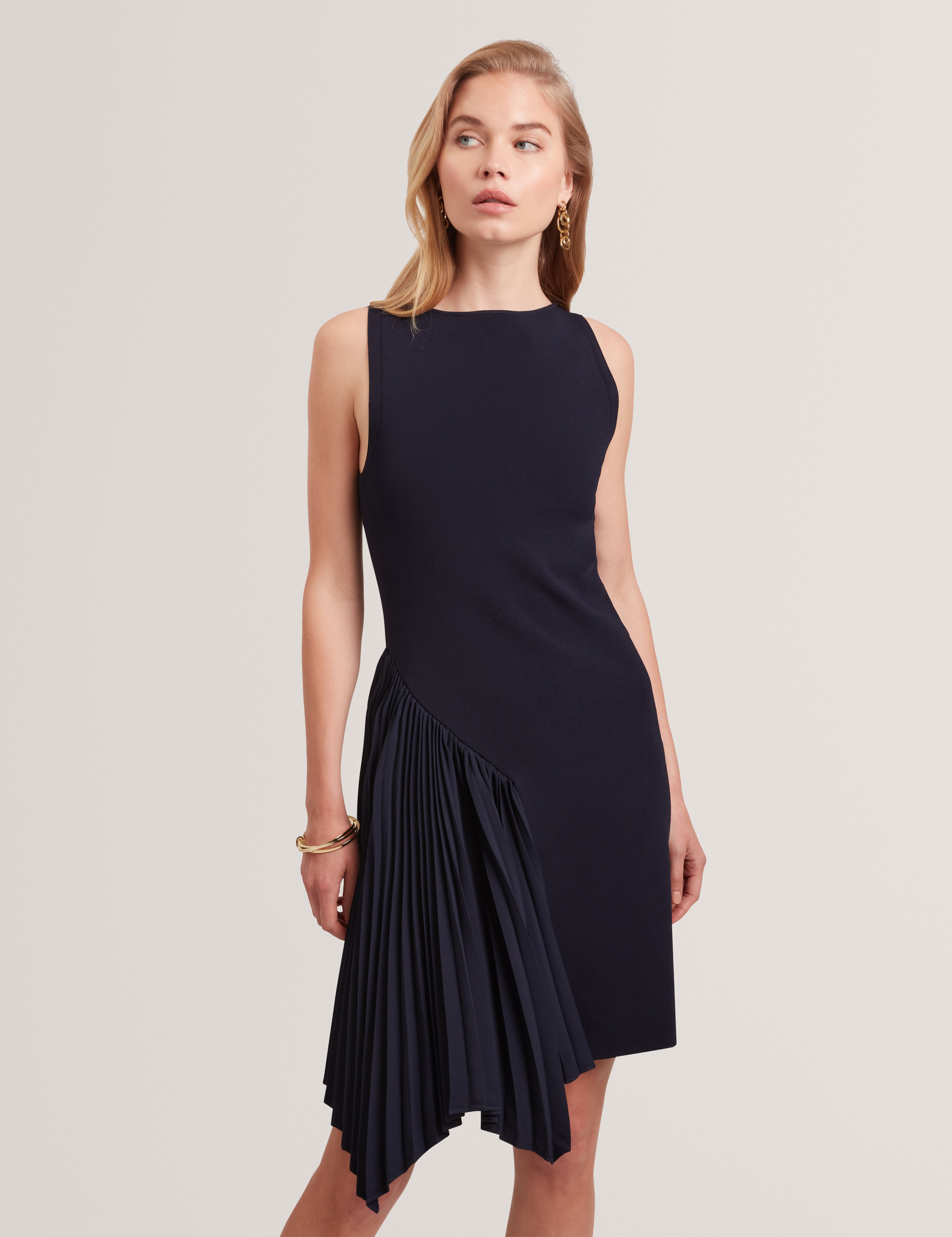 Pleated Panel Sleeveless Knit Mini Dress | Jacara Pleated Panel Sleeveless Knit Mini Dress | Jacara