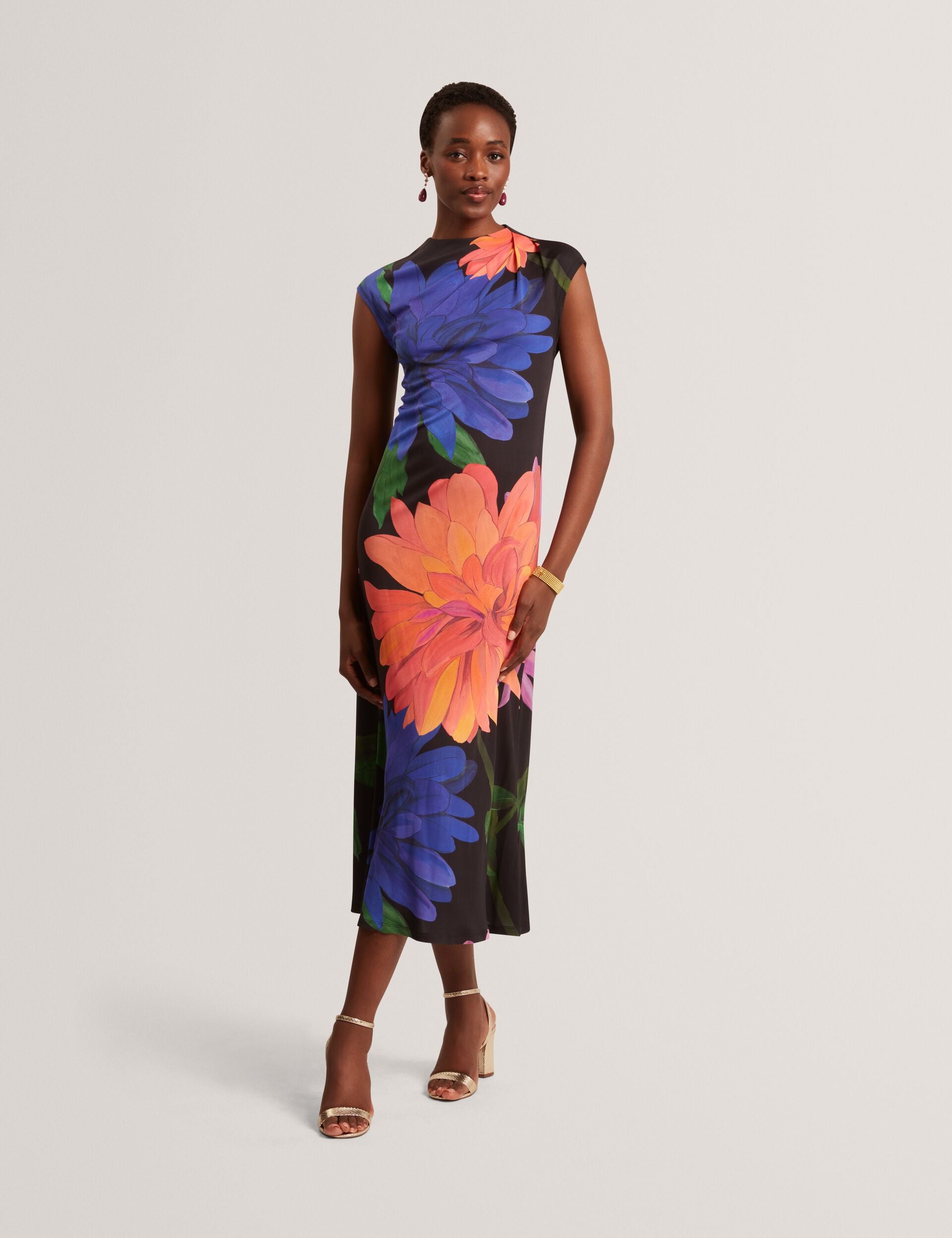 Dahlia Print Draped Neck Jersey Midi Dress | Ginla | Ted Baker UK
