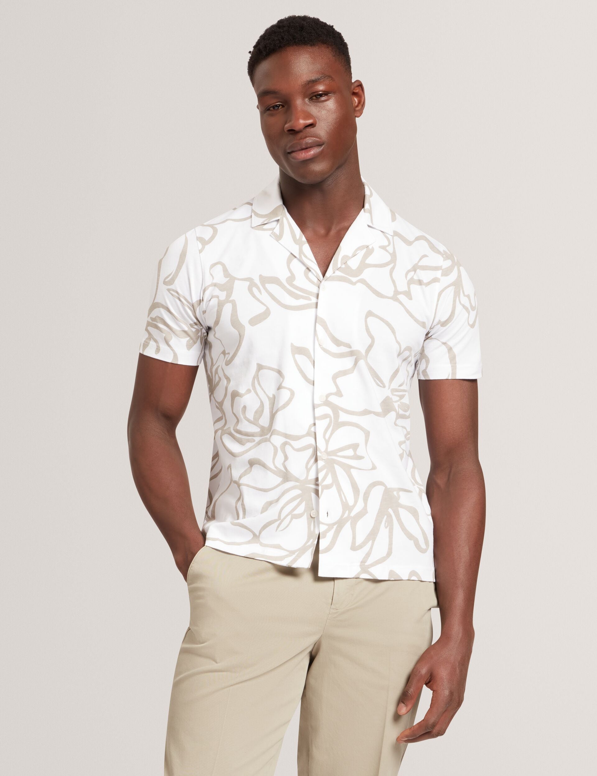 White Jersey Knit Button Down Shirt White Printed Jersey Button-Up Short Sleeve Shirt CLAUB Ted Baker