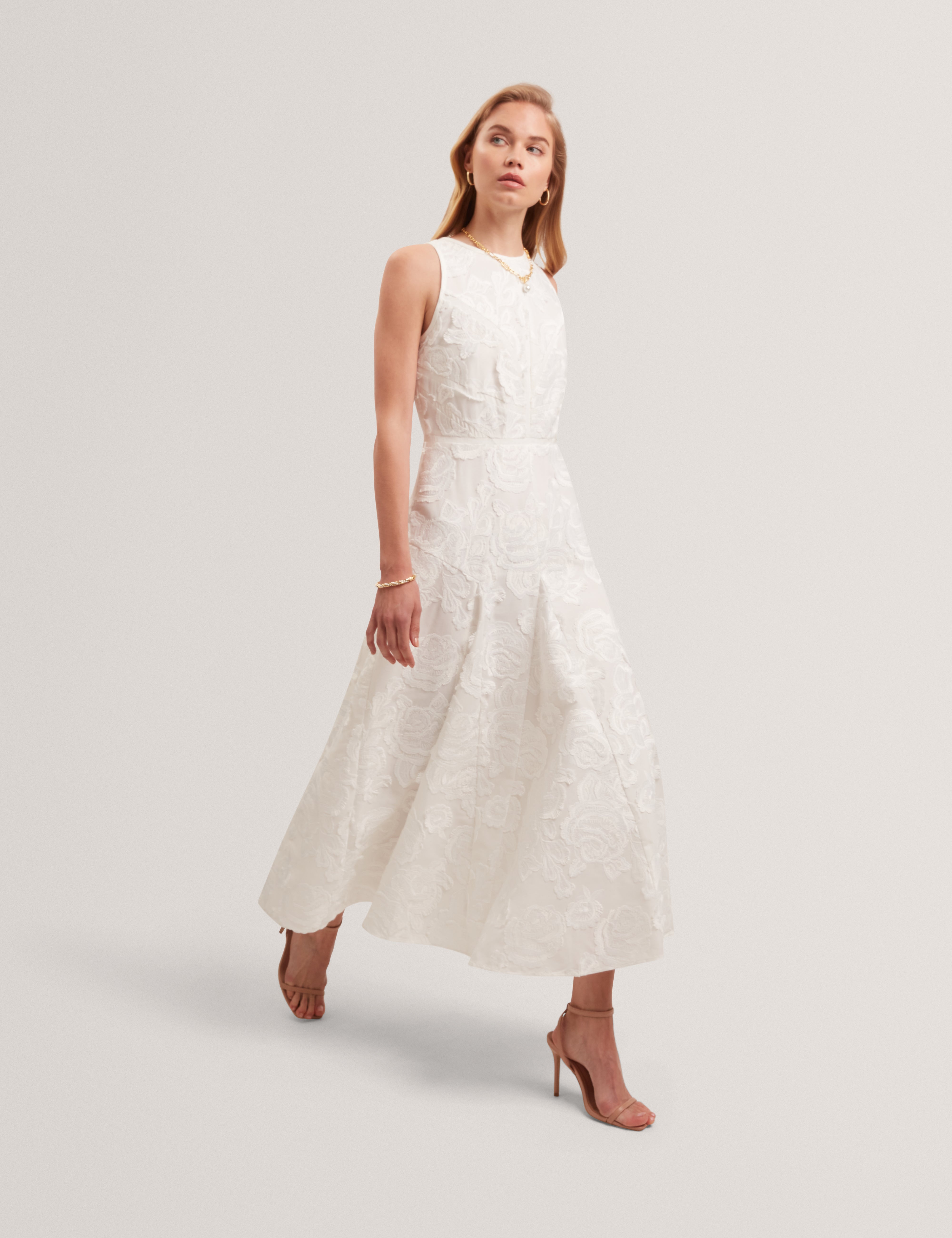 Textured Rose Embroidery Sleeveless Midi Dress | Enkoaa