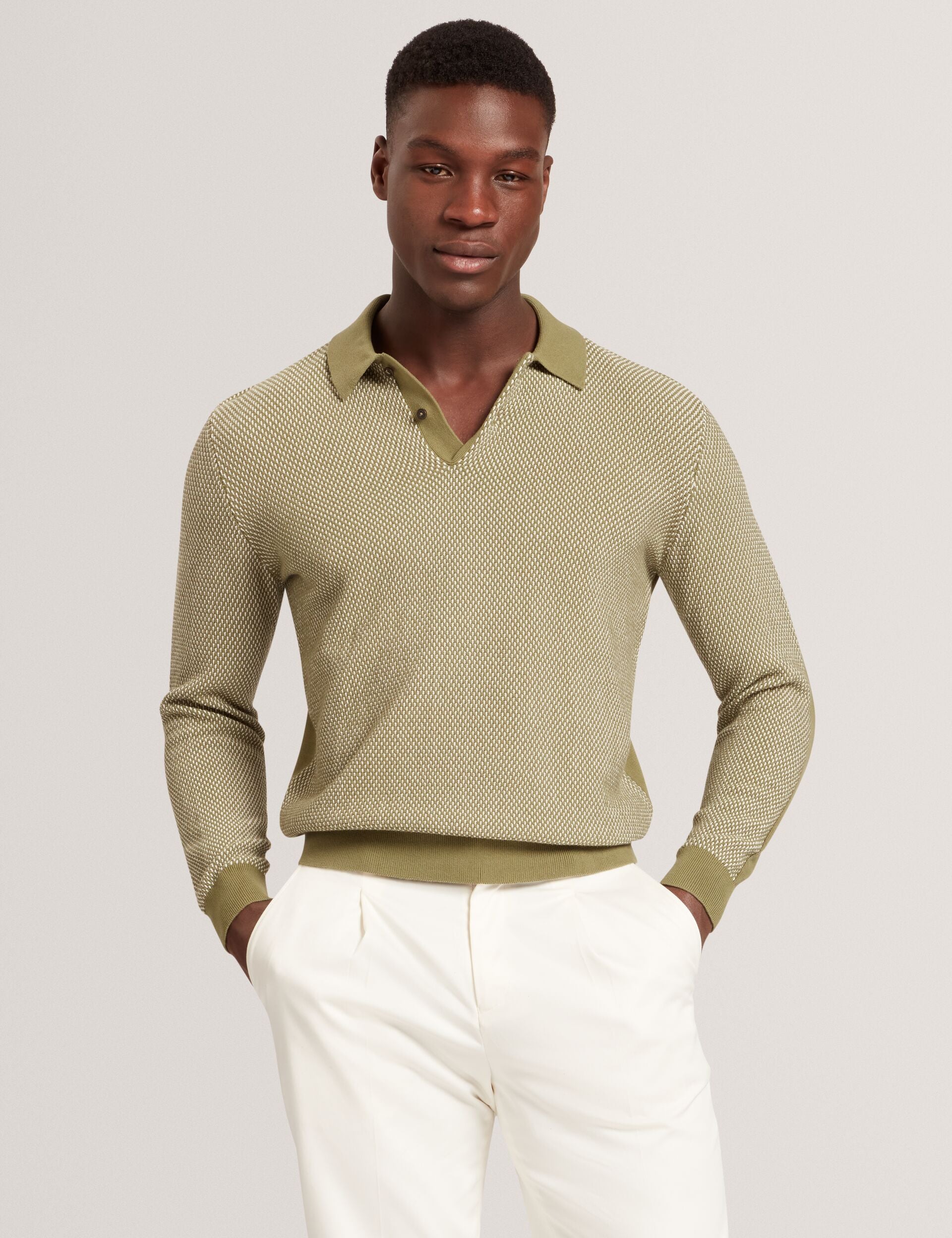 Green Textured Front Knitted Long Sleeve Polo Shirt Ardo Ted