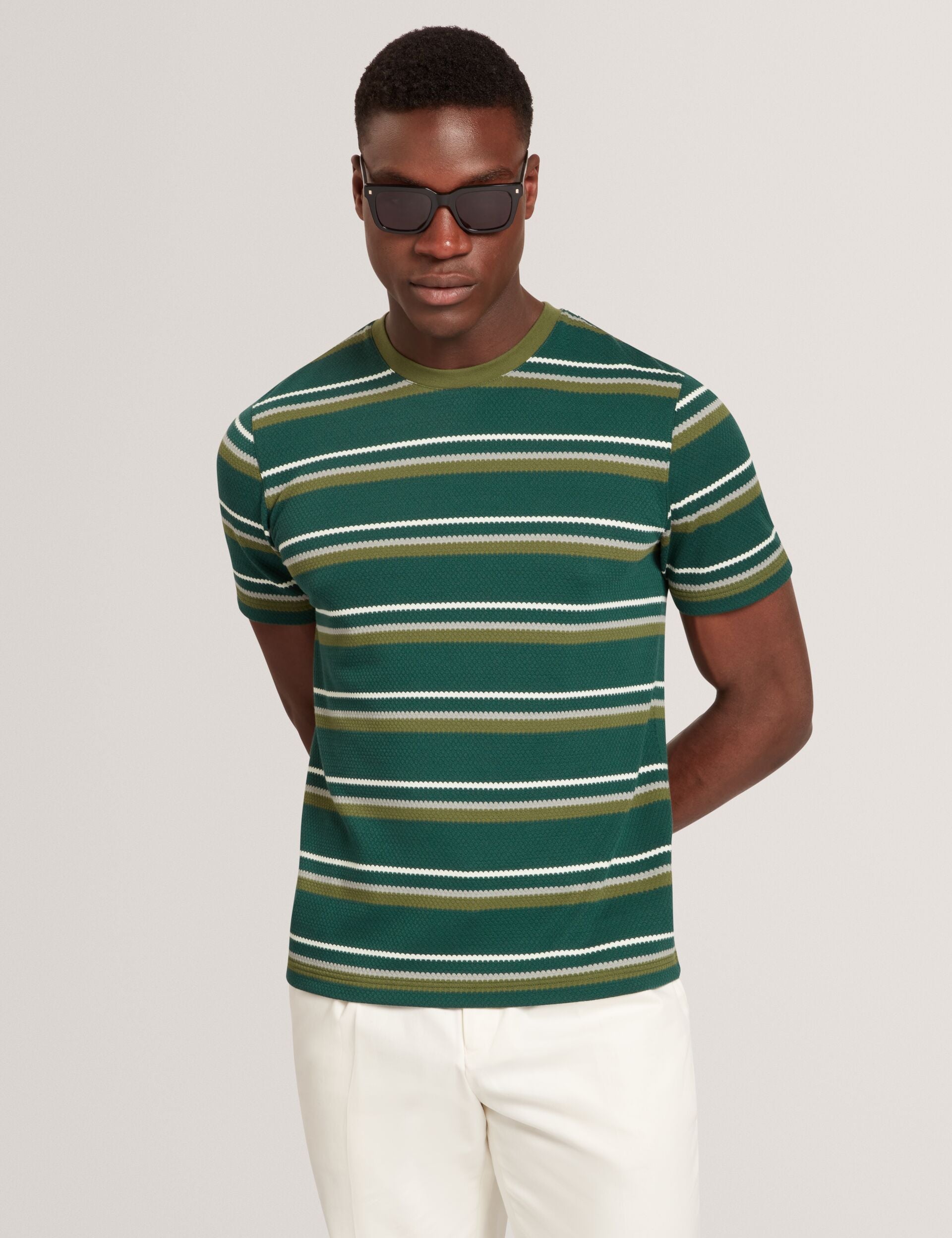 Green Striped Textured Crew Neck T-shirt Gorano Ted Baker US