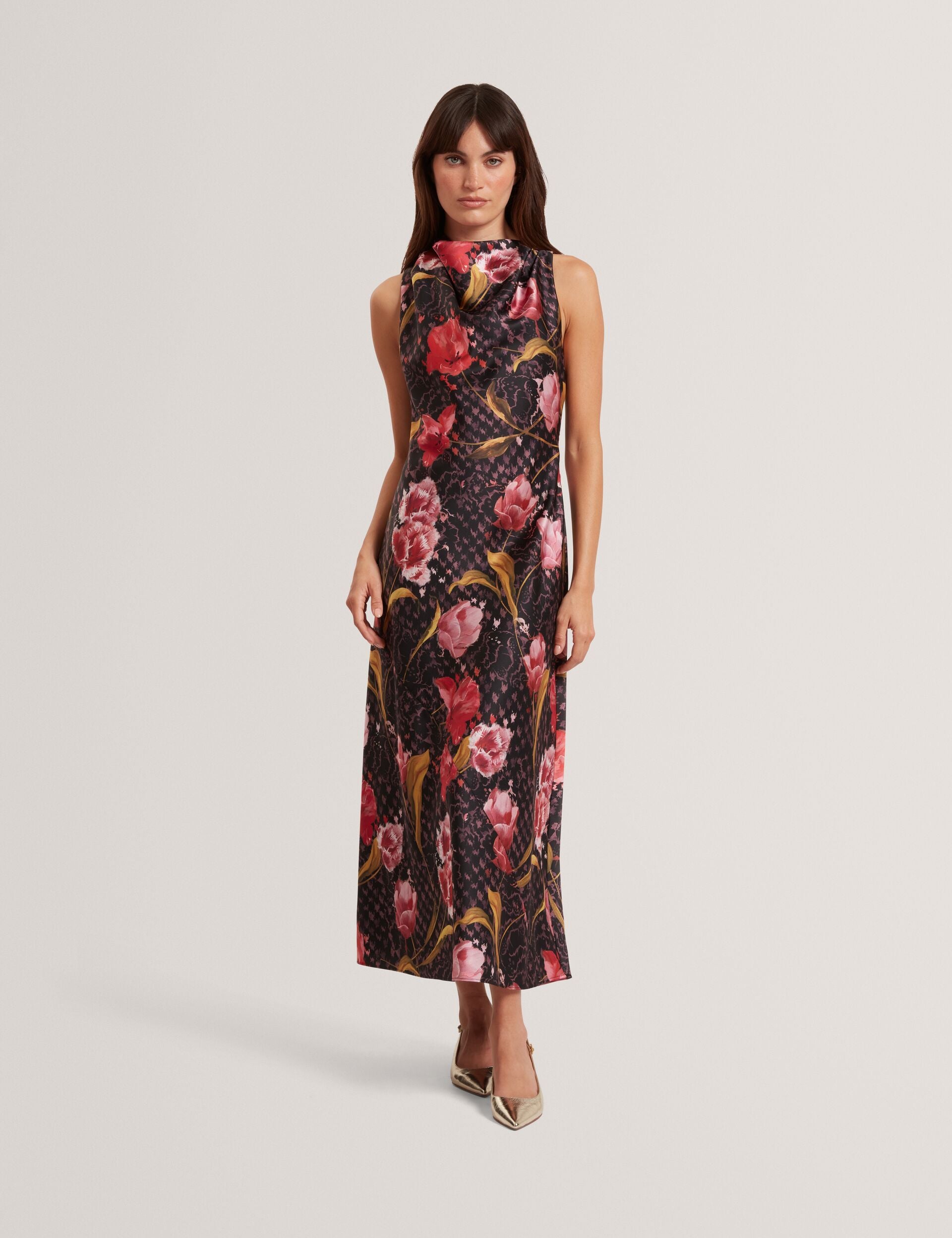 TWILLI Floral Check Cowl Neck Satin Midaxi Dress