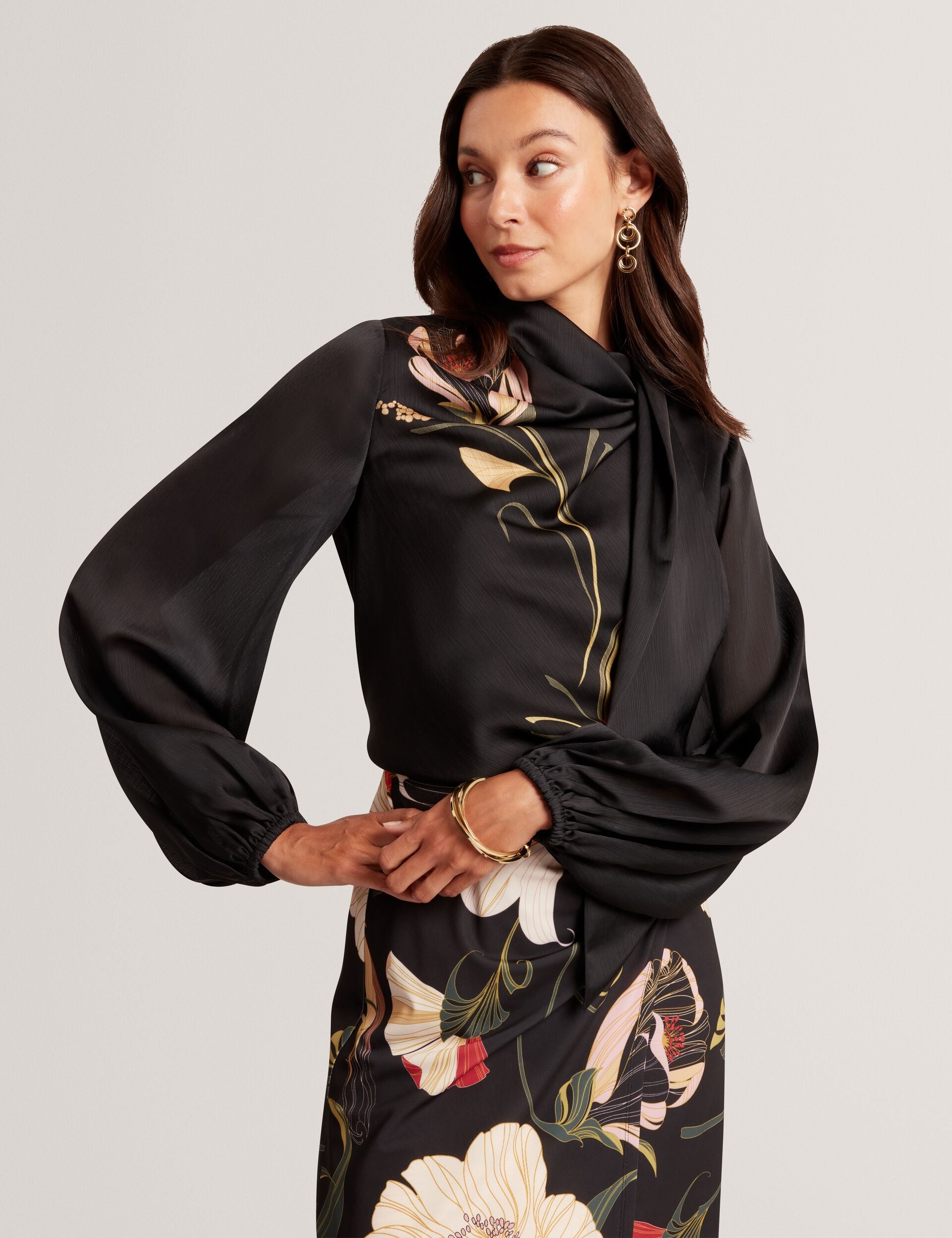 ORTUGA Nouveau Swirl Tie Neck Long Sleeve Blouse