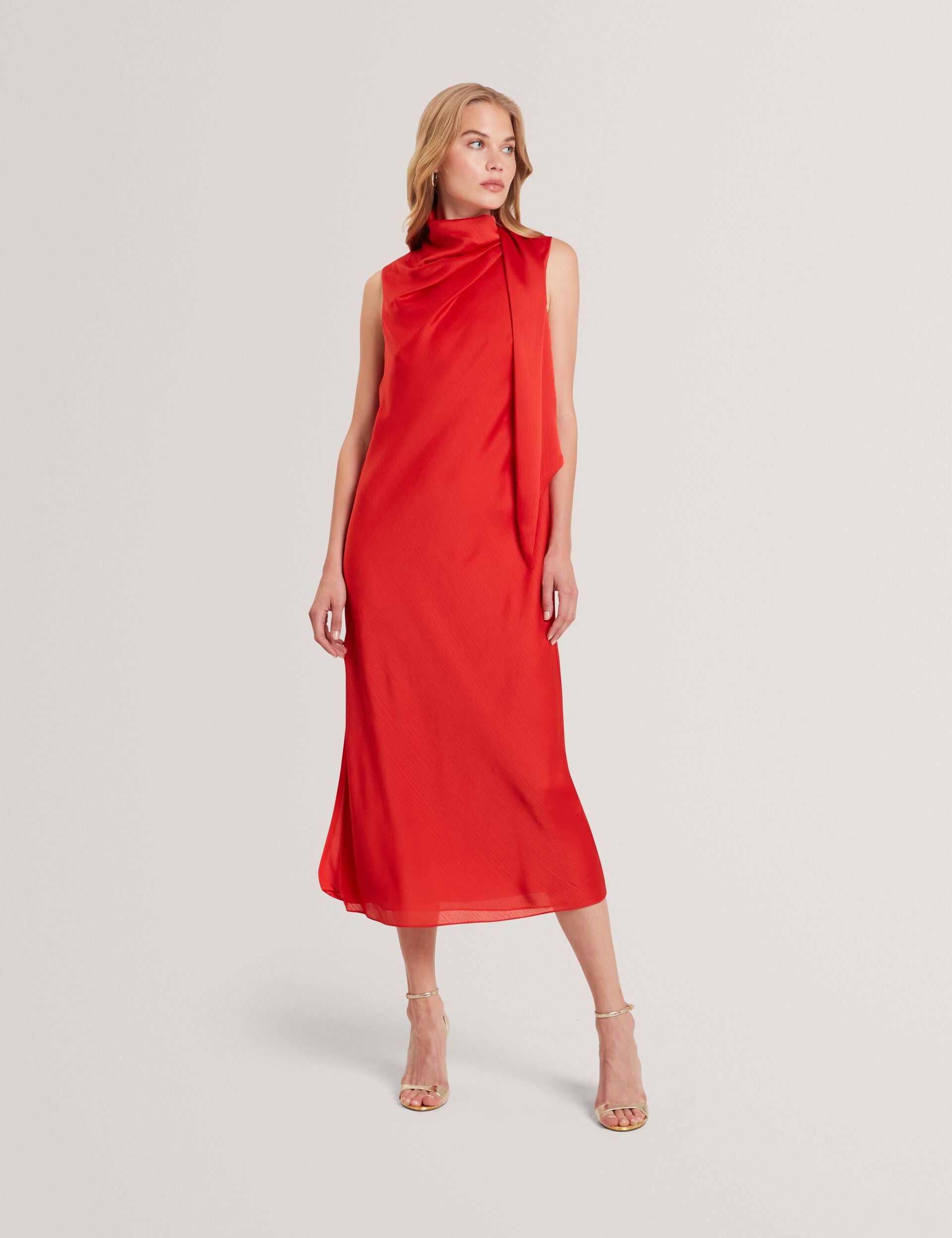 Sleeveless Tie Neck Satin Chiffon Midi Dress | Goana