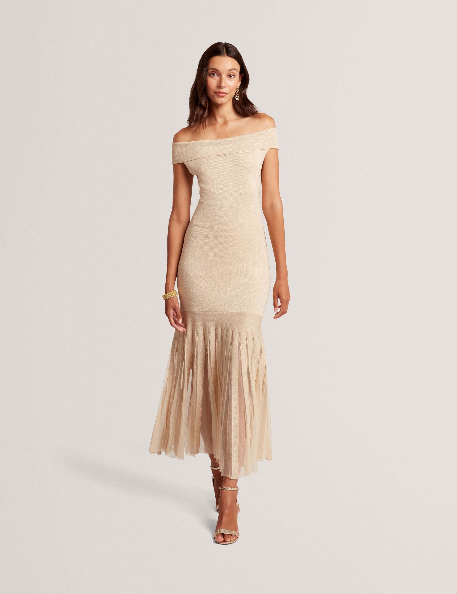 Natural Metallic Bardot Maxi Dress With Sheer Hem | Rylla | Ted Baker UK