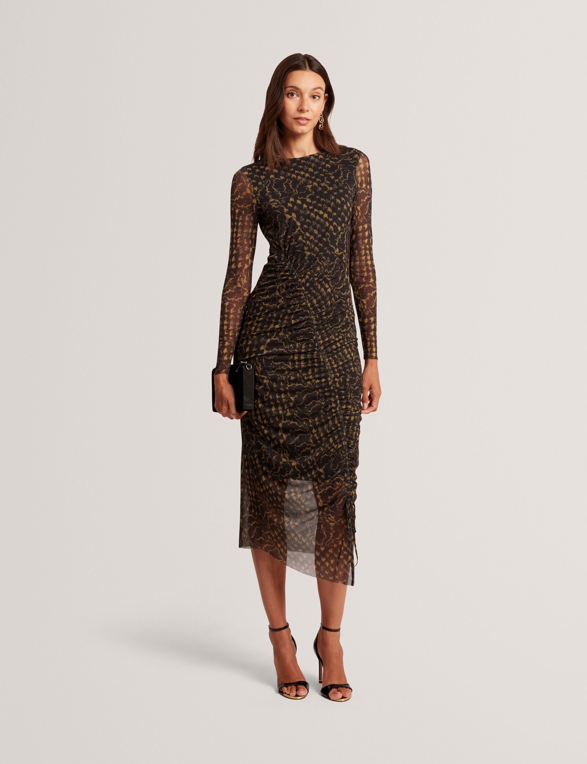 bodycon dress midi uk Brown Ruched Midi Bodycon Dress