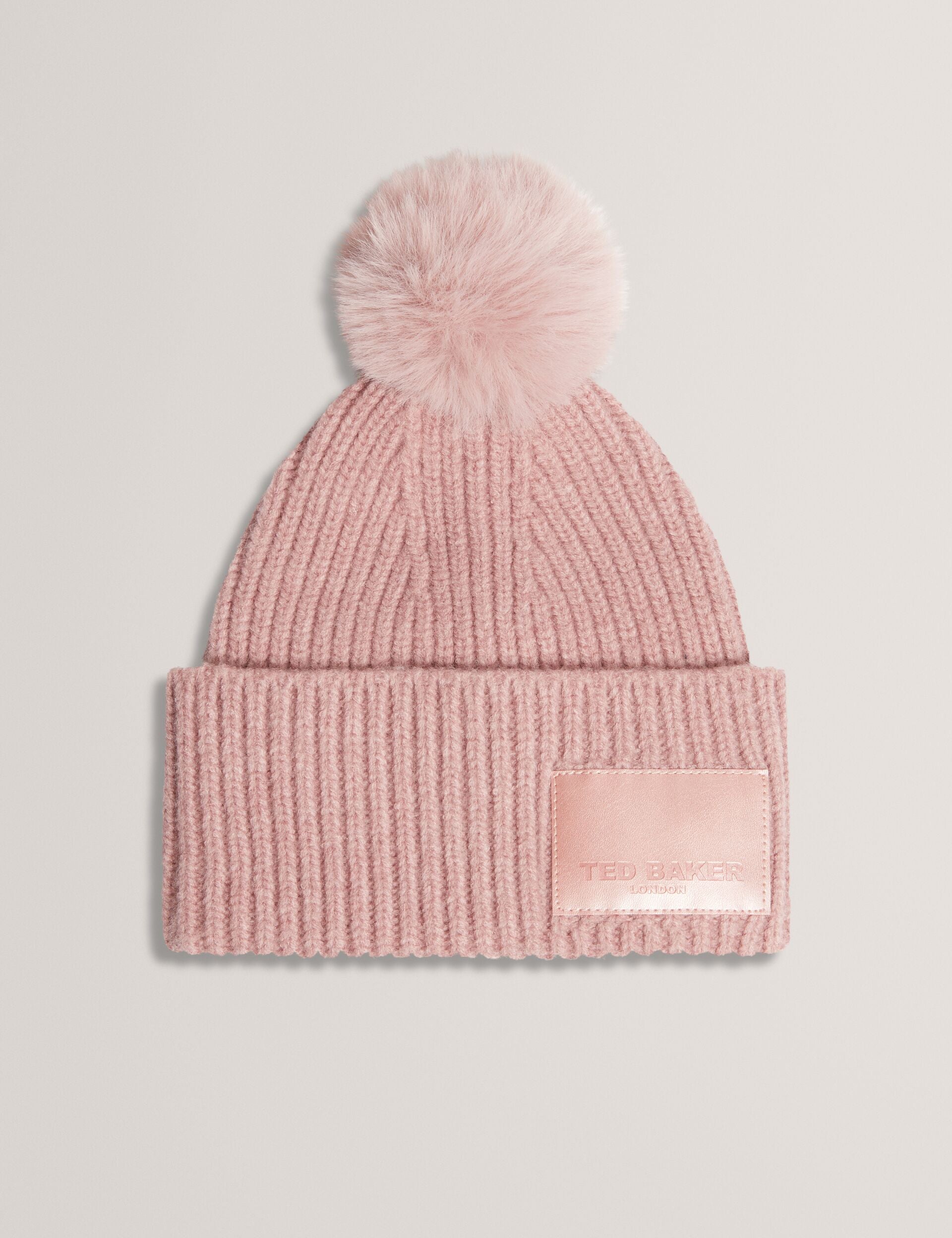 Ted Baker Mauve Ribbed Beanie with Pom Pom TED BAKER SERSHII cap in dark red main image 4