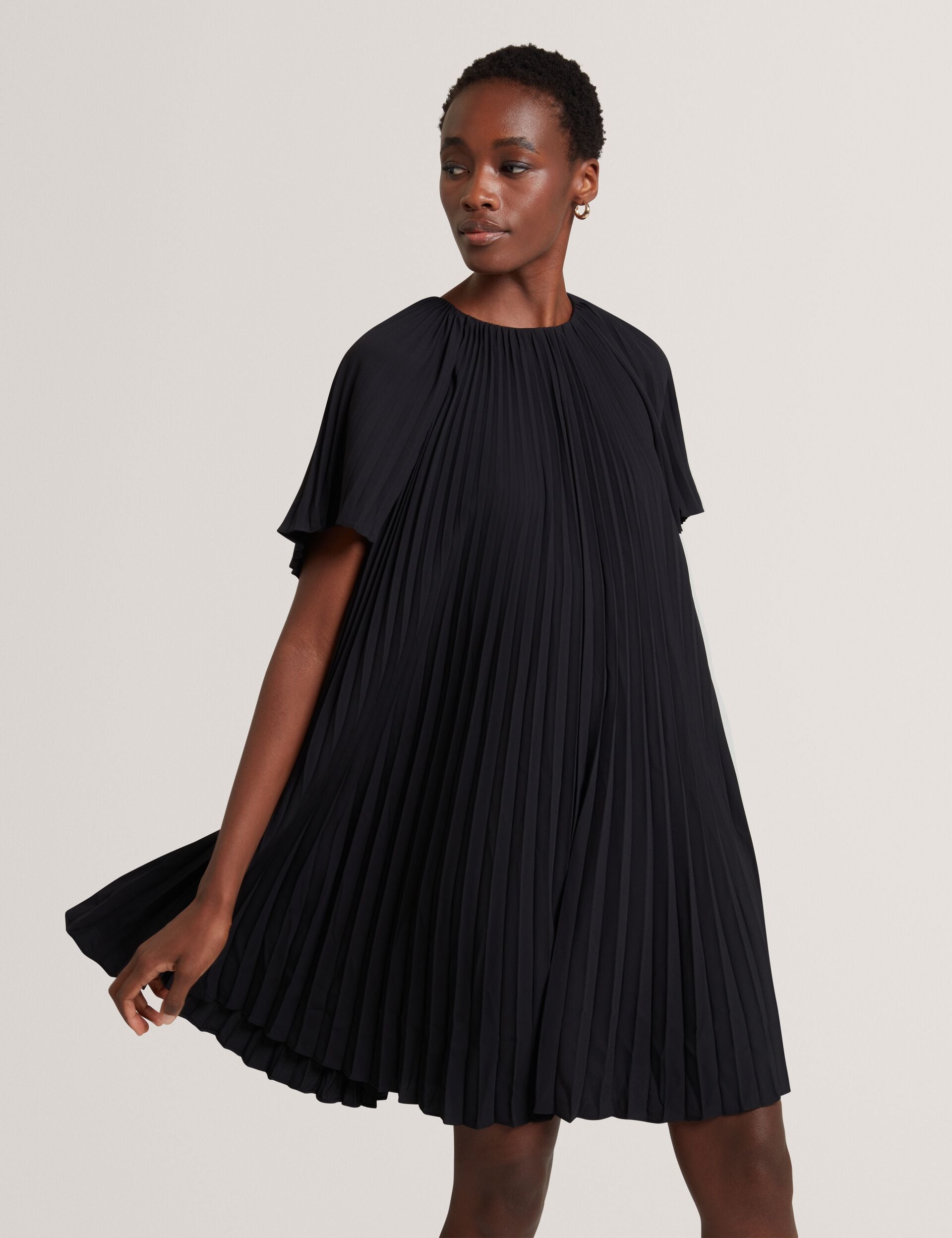 Black Pleated Short Sleeve A-line Mini Dress | Convala | Ted Baker UK Black Pleated Short Sleeve A-line Mini Dress | Convala | Ted Baker UK